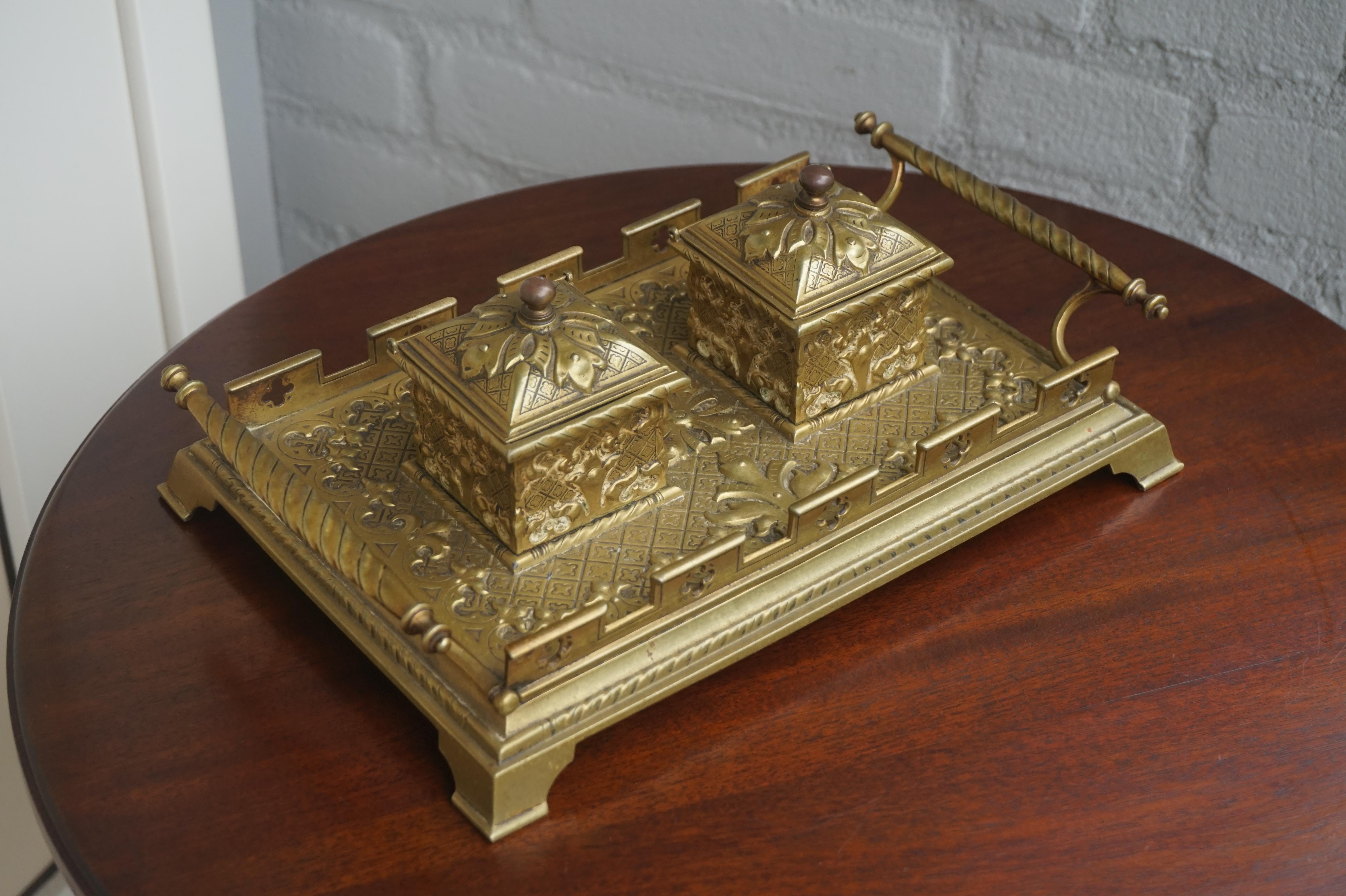 Finest Quality Handcrafted Antique Bronze and Brass Gothic Revival Inkstand For Sale 5