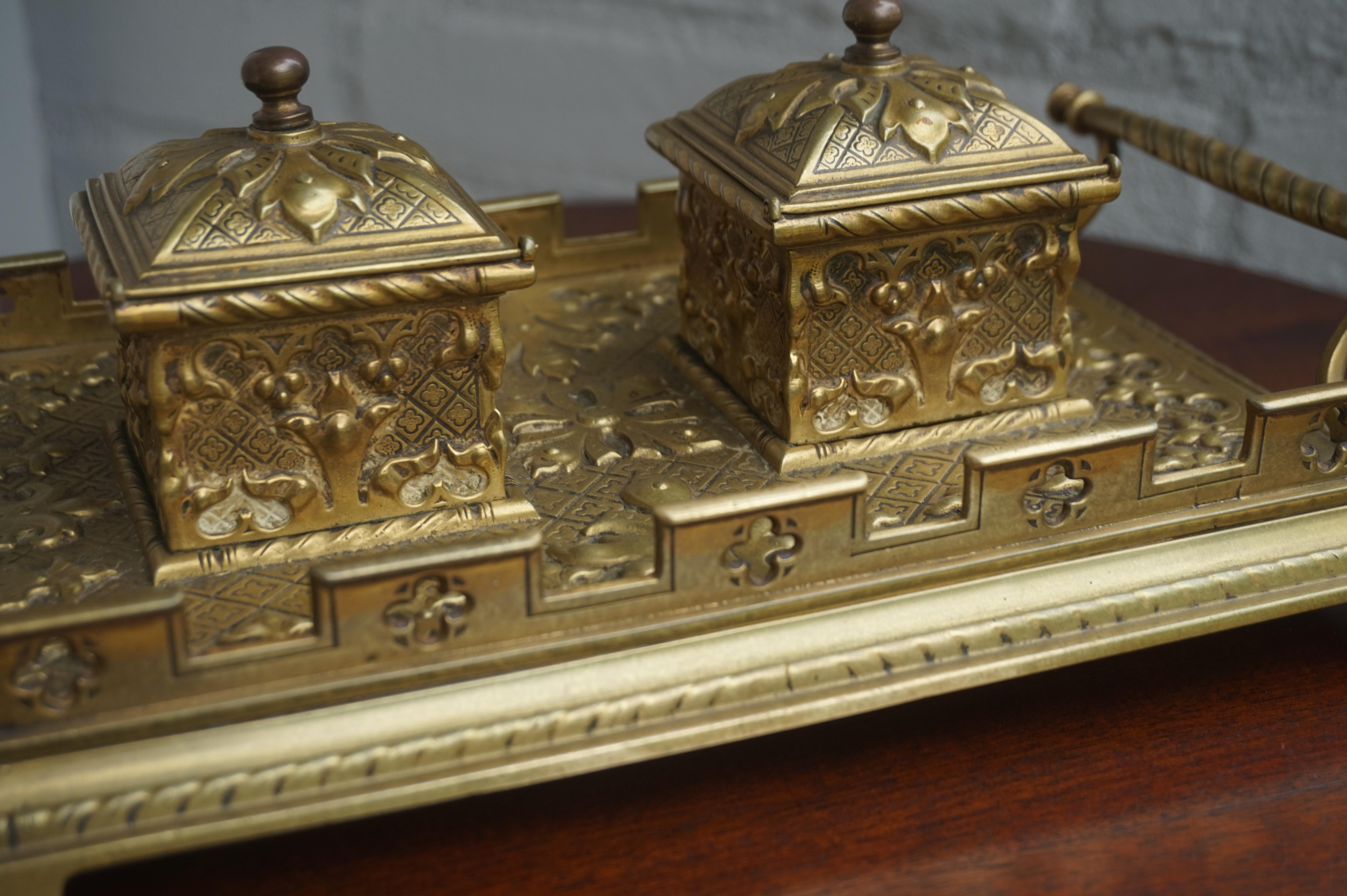 Finest Quality Handcrafted Antique Bronze and Brass Gothic Revival Inkstand For Sale 6