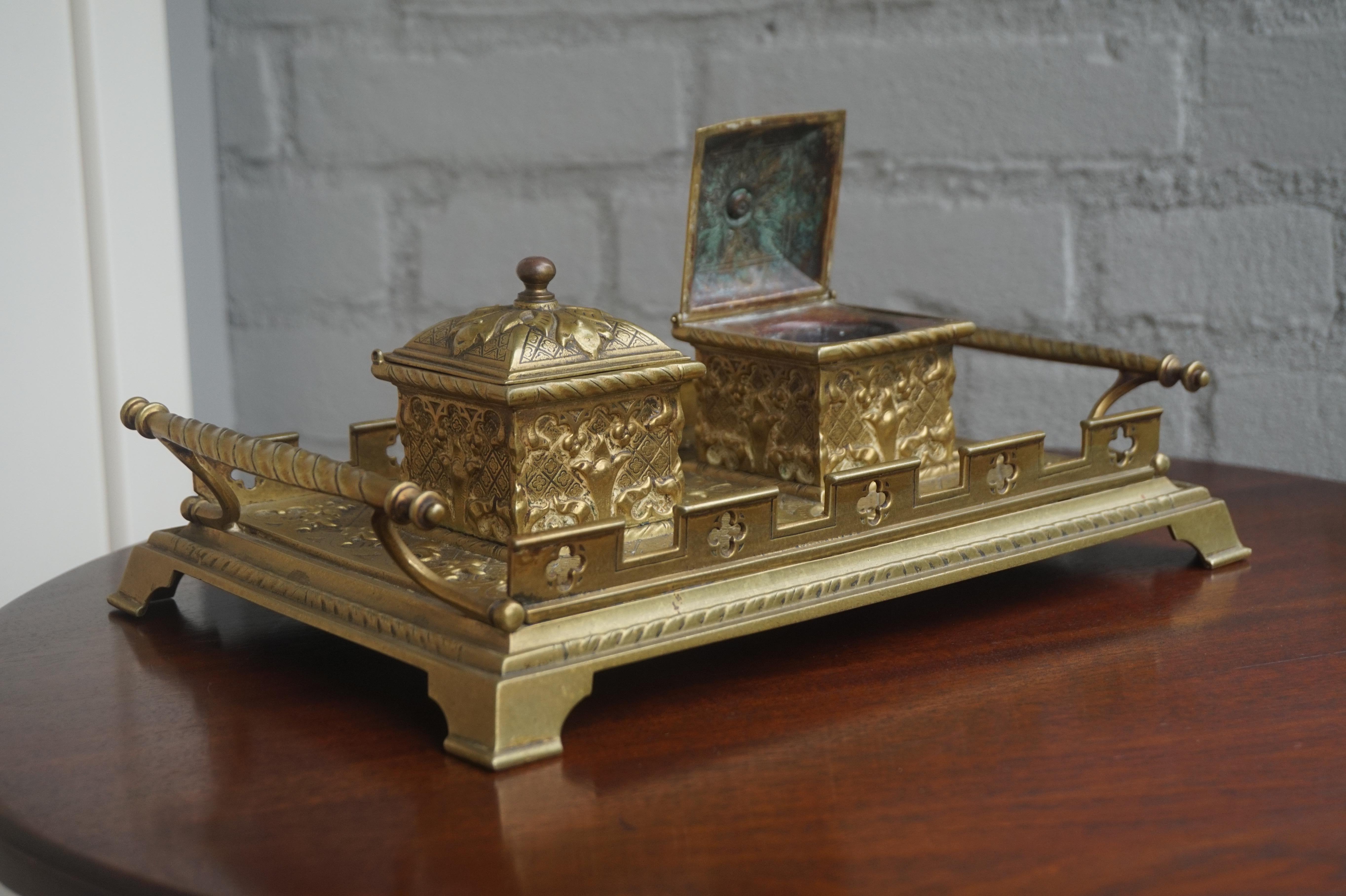 Finest Quality Handcrafted Antique Bronze and Brass Gothic Revival Inkstand For Sale 7