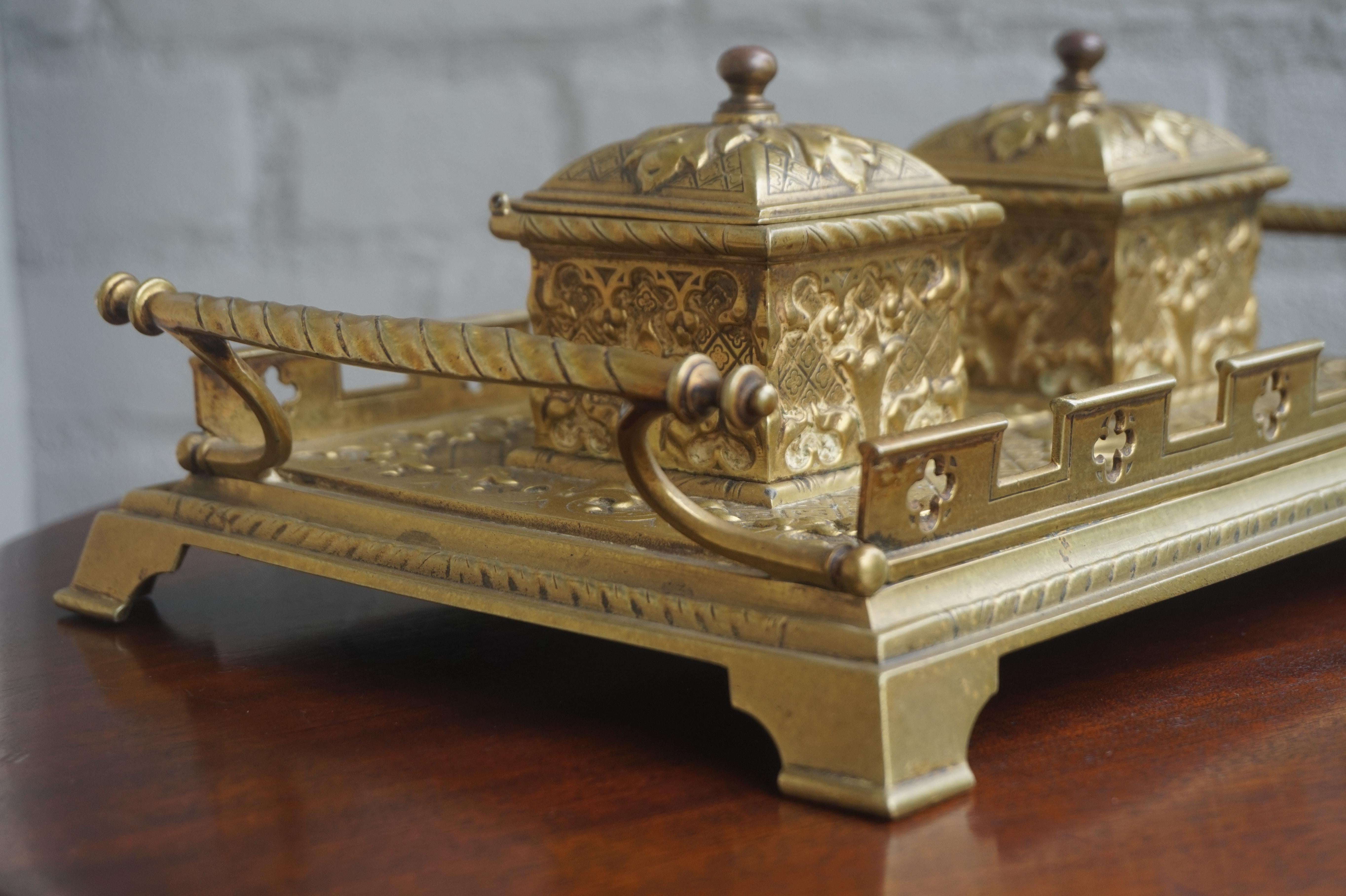 Finest Quality Handcrafted Antique Bronze and Brass Gothic Revival Inkstand For Sale 8