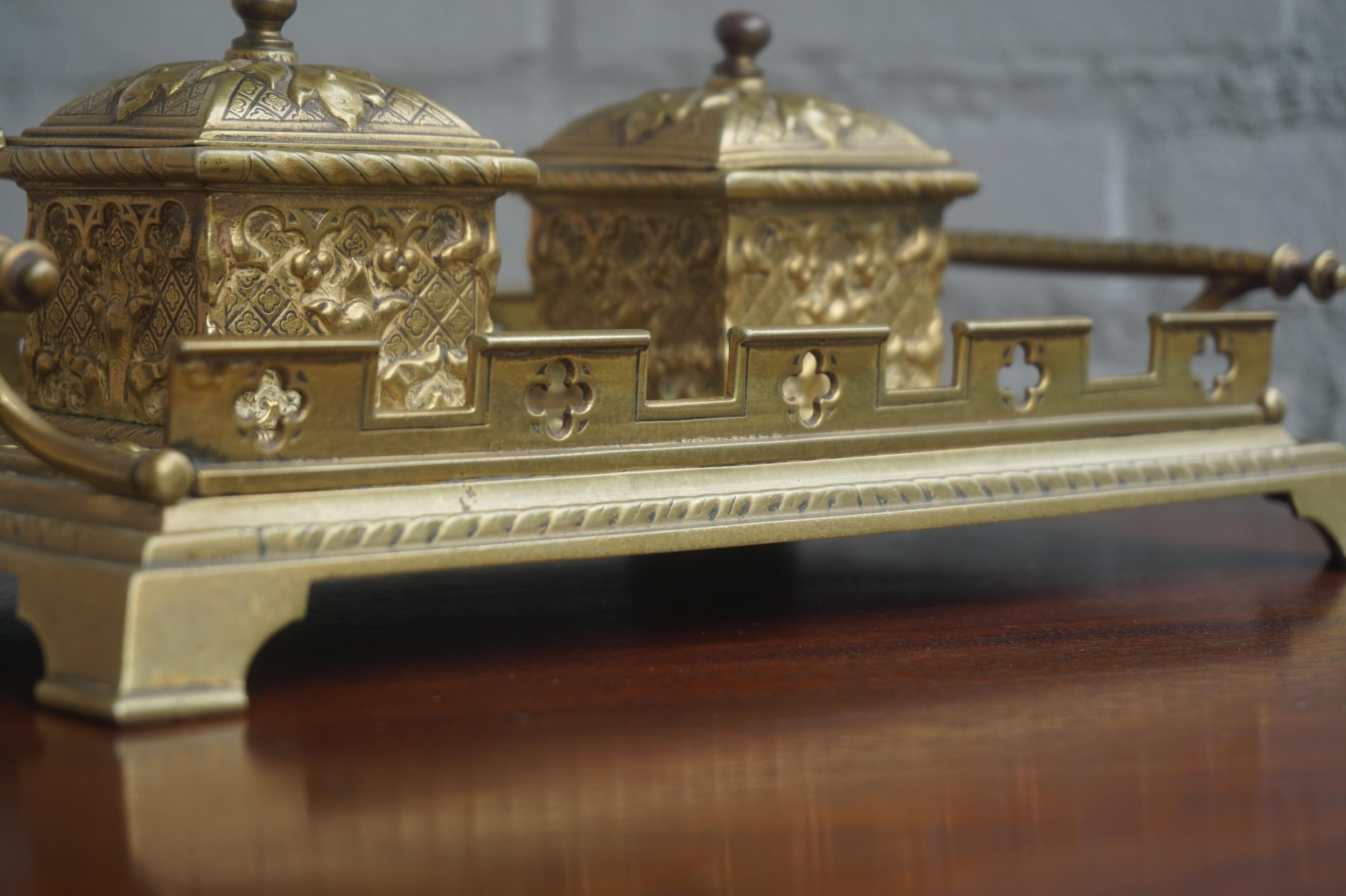 Finest Quality Handcrafted Antique Bronze and Brass Gothic Revival Inkstand For Sale 9