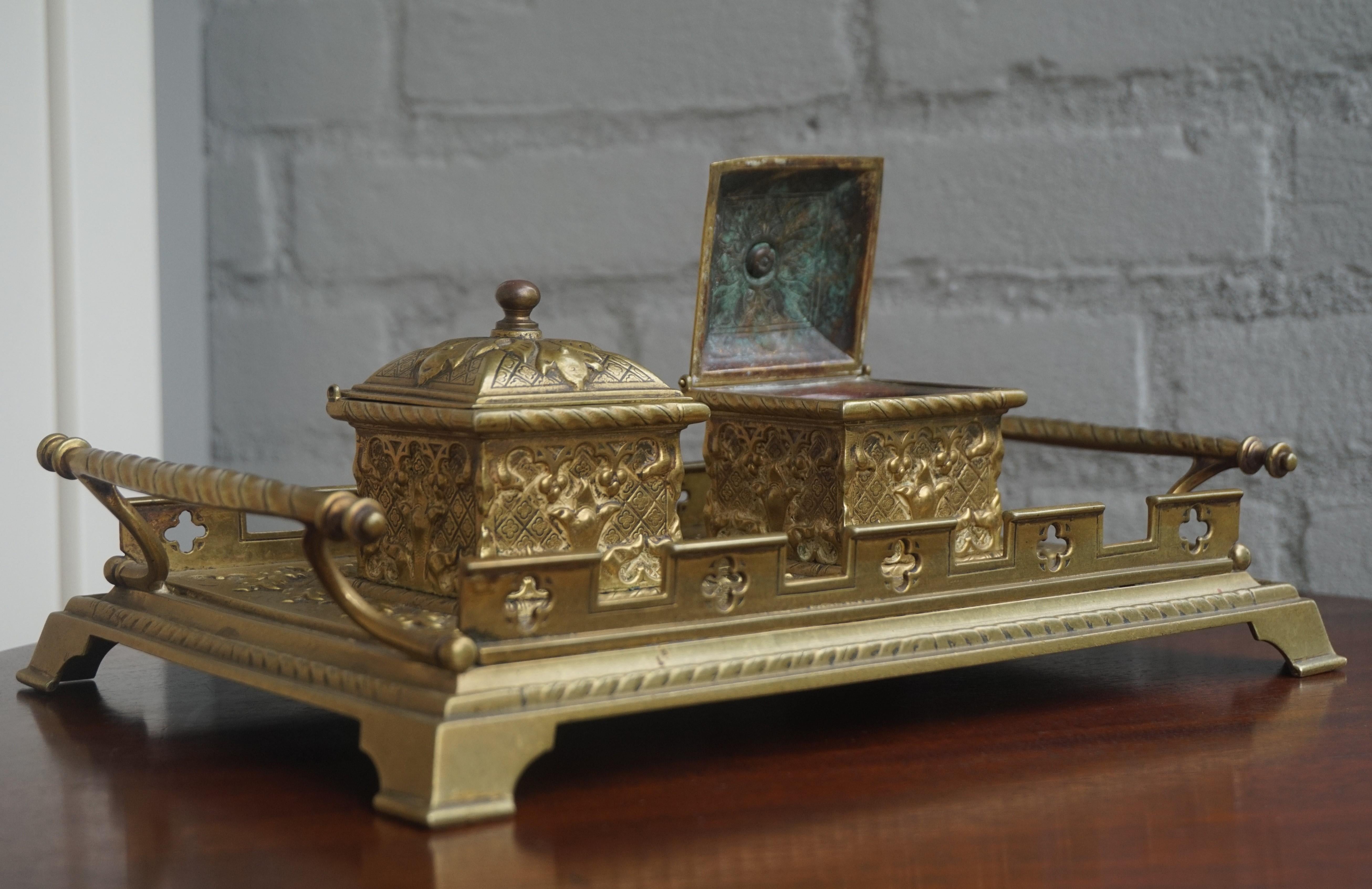 Another rare antique for the collectors and enthusiasts of Gothic art.

This sizeable and very stylish inkstand was all-handcrafted in the late 19th century and it could hardly be in better condition. This top quality made desk piece could be the