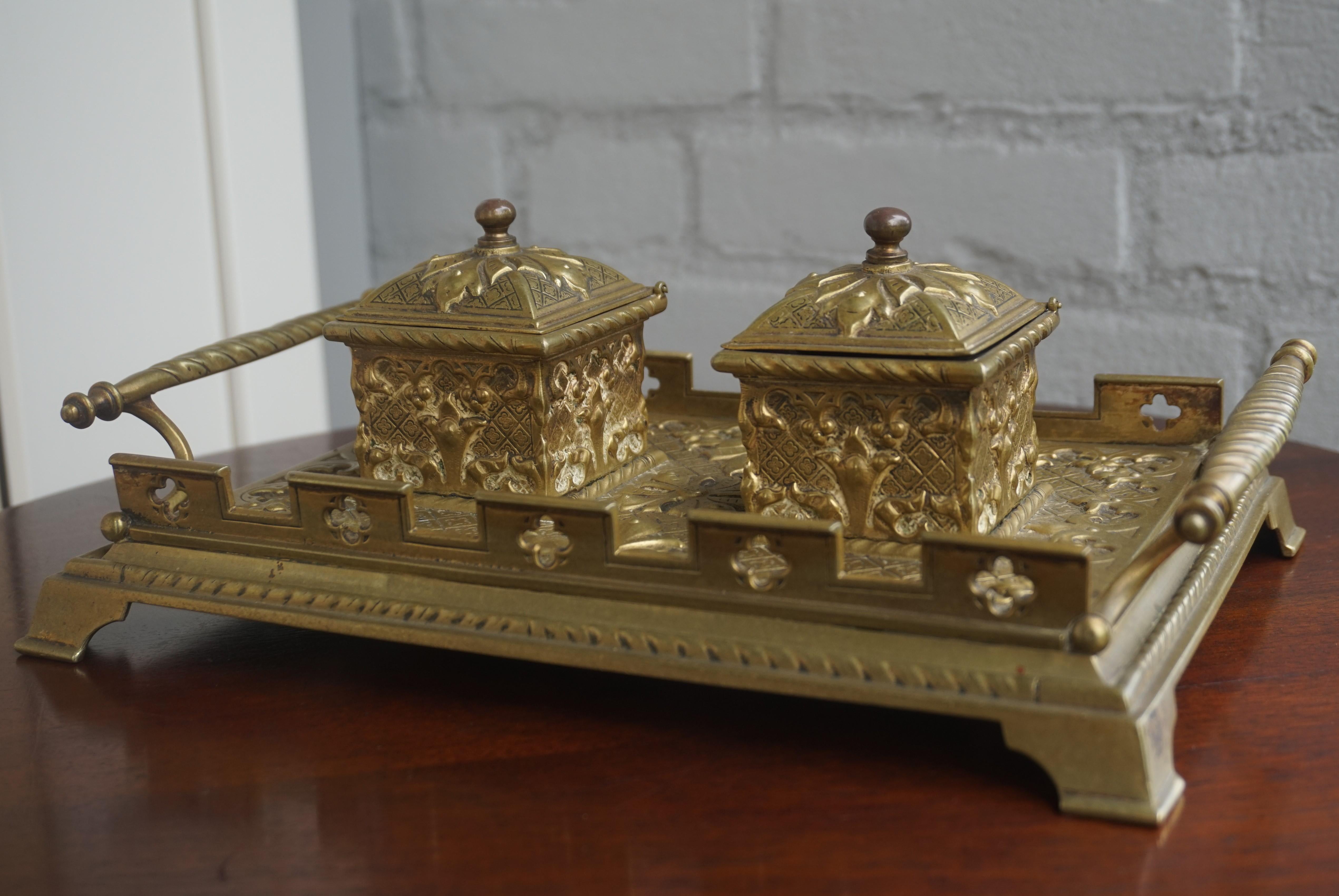 19th Century Finest Quality Handcrafted Antique Bronze and Brass Gothic Revival Inkstand For Sale