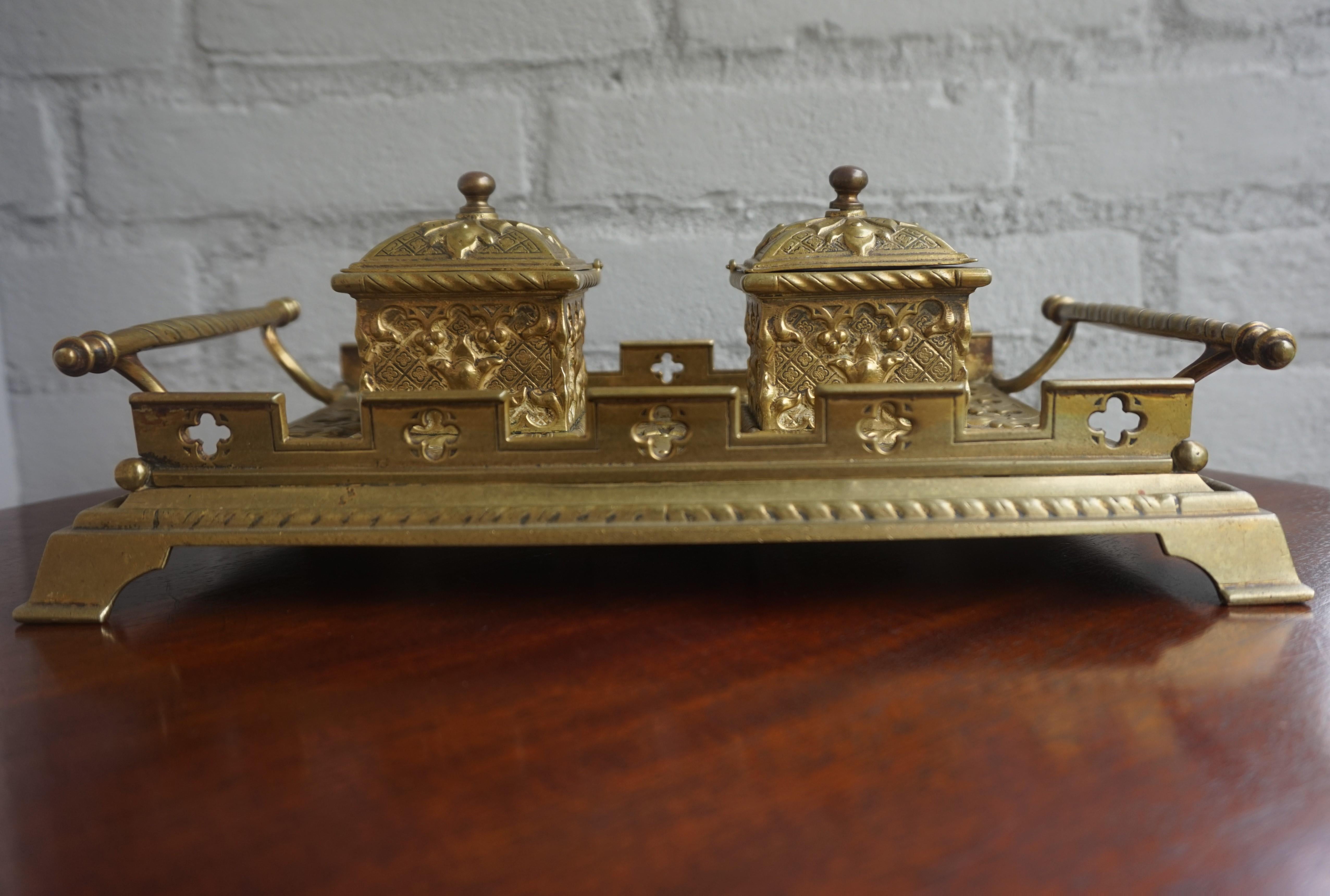 Finest Quality Handcrafted Antique Bronze and Brass Gothic Revival Inkstand For Sale 1