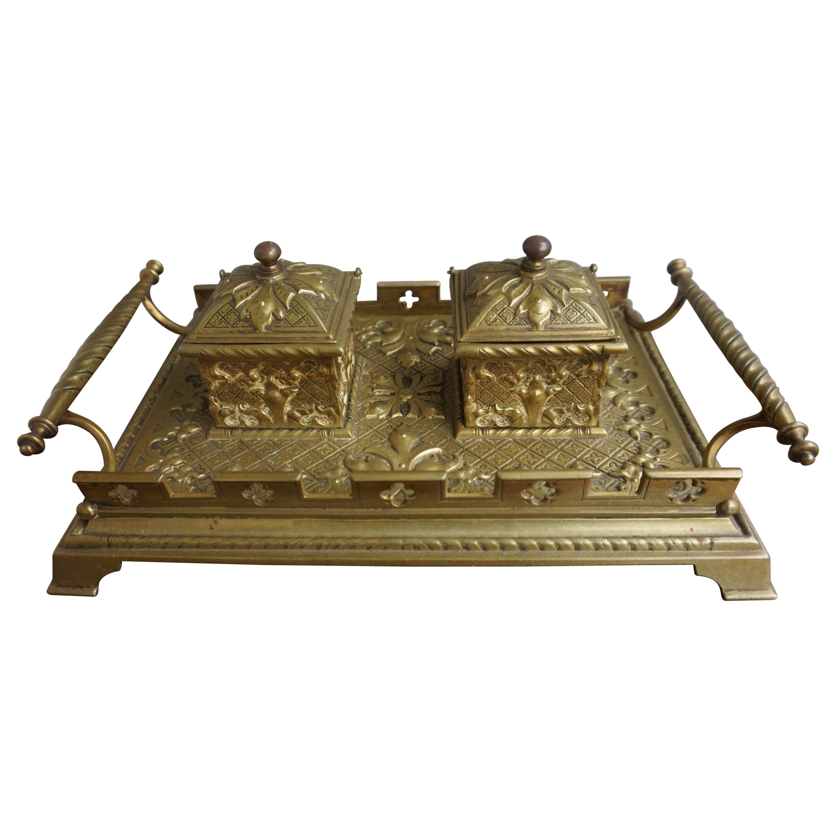 Finest Quality Handcrafted Antique Bronze and Brass Gothic Revival Inkstand For Sale