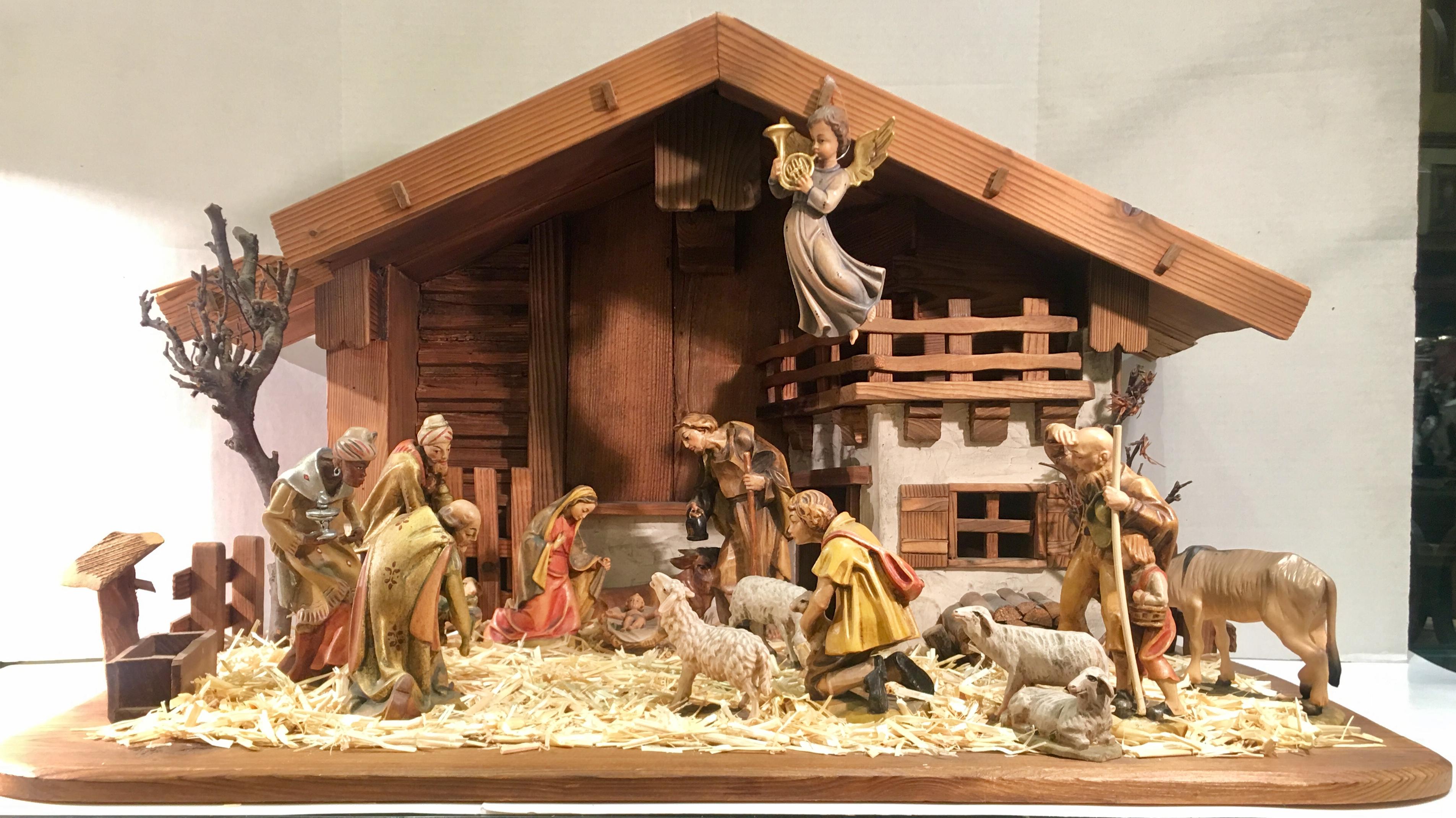 Expedited 3 Day Shipping Available for Delivery Before Christmas - Ask for Quote.

Magnificent, elaborately handmade and hand carved, hand painted, large linden wood nativity scene from the Dementz Family Deur Art Company in South Tyrol, Italy, is a