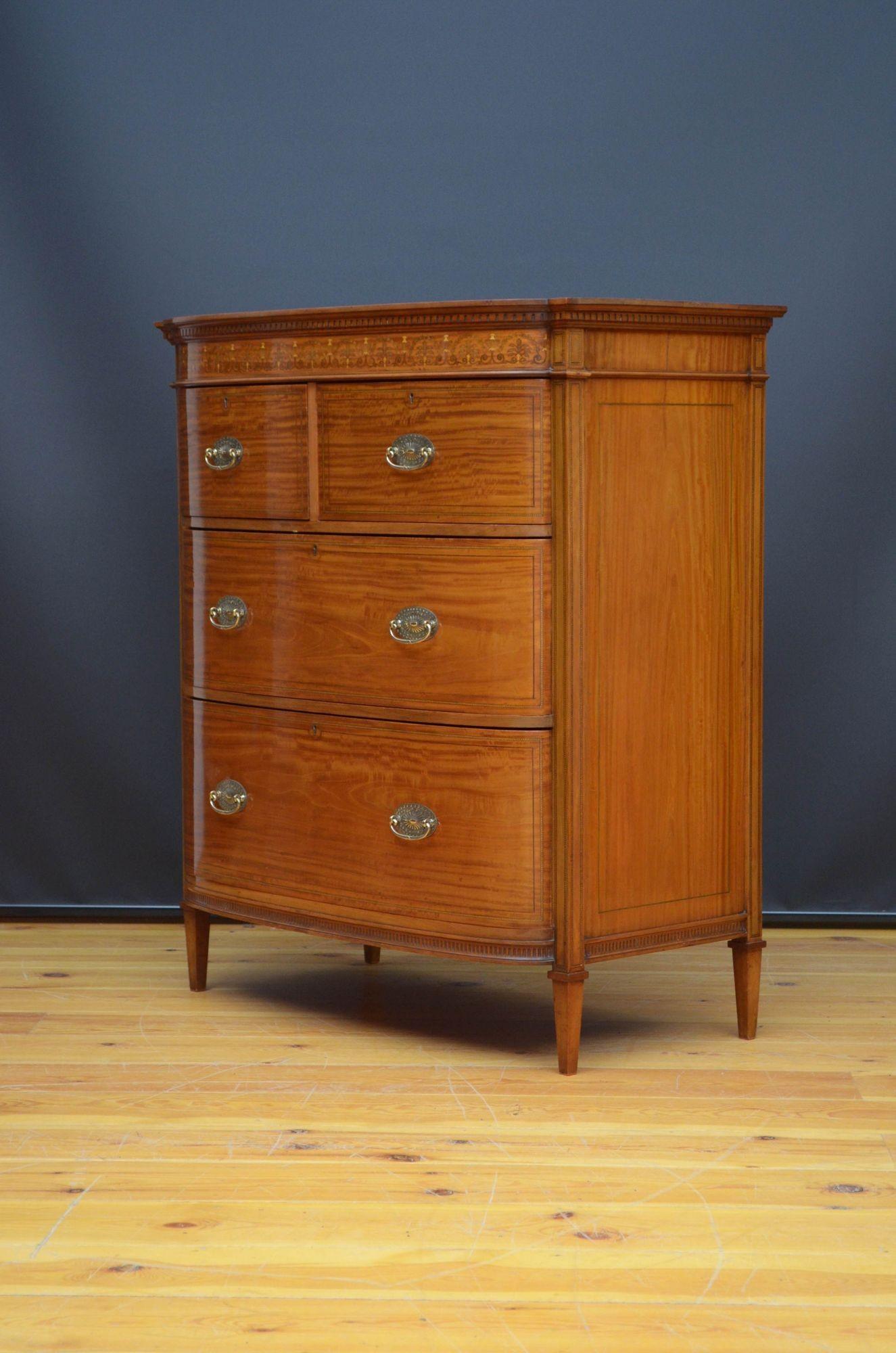 Sn5489 Super quality late Victorian chest of drawers of bow fronted design, having oversailing top above dentil moulding and finely inlaid frieze depicting Neoclassical motifs, two short and two deep long drawers with string inlaid decoration and
