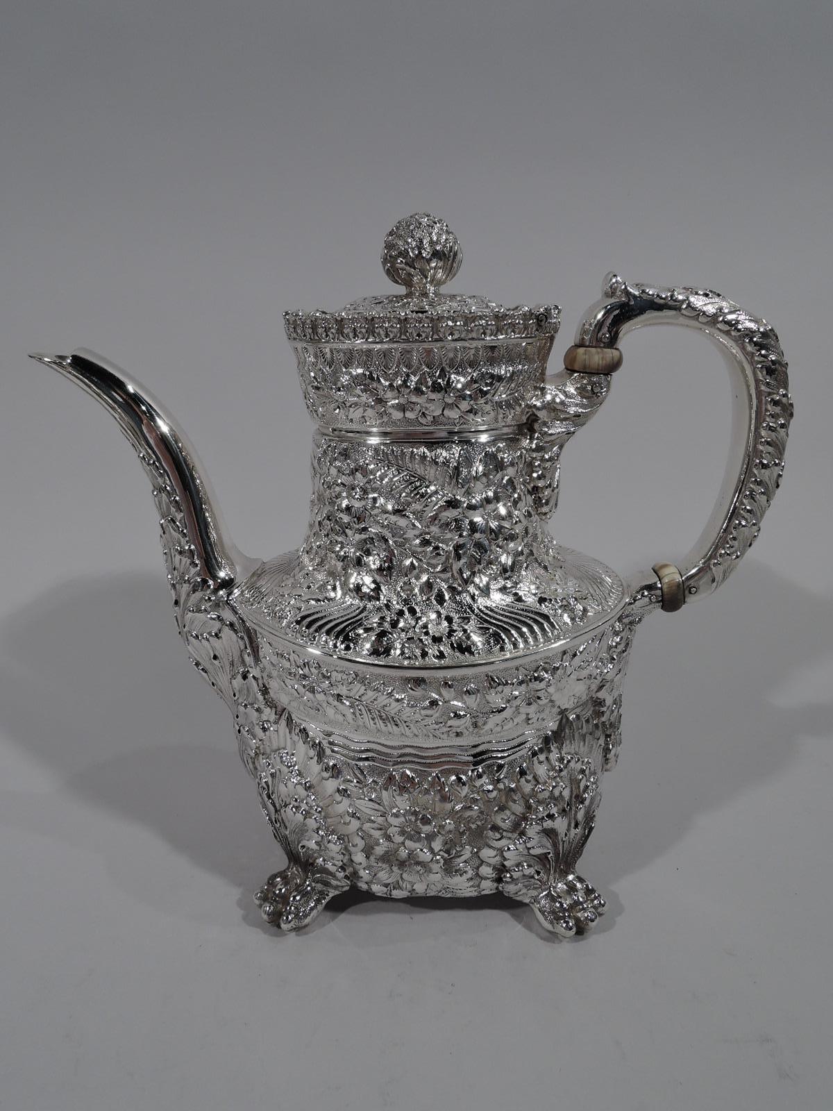19th Century Finest Quality Tiffany Repousse Sterling Silver Coffee and Tea Set