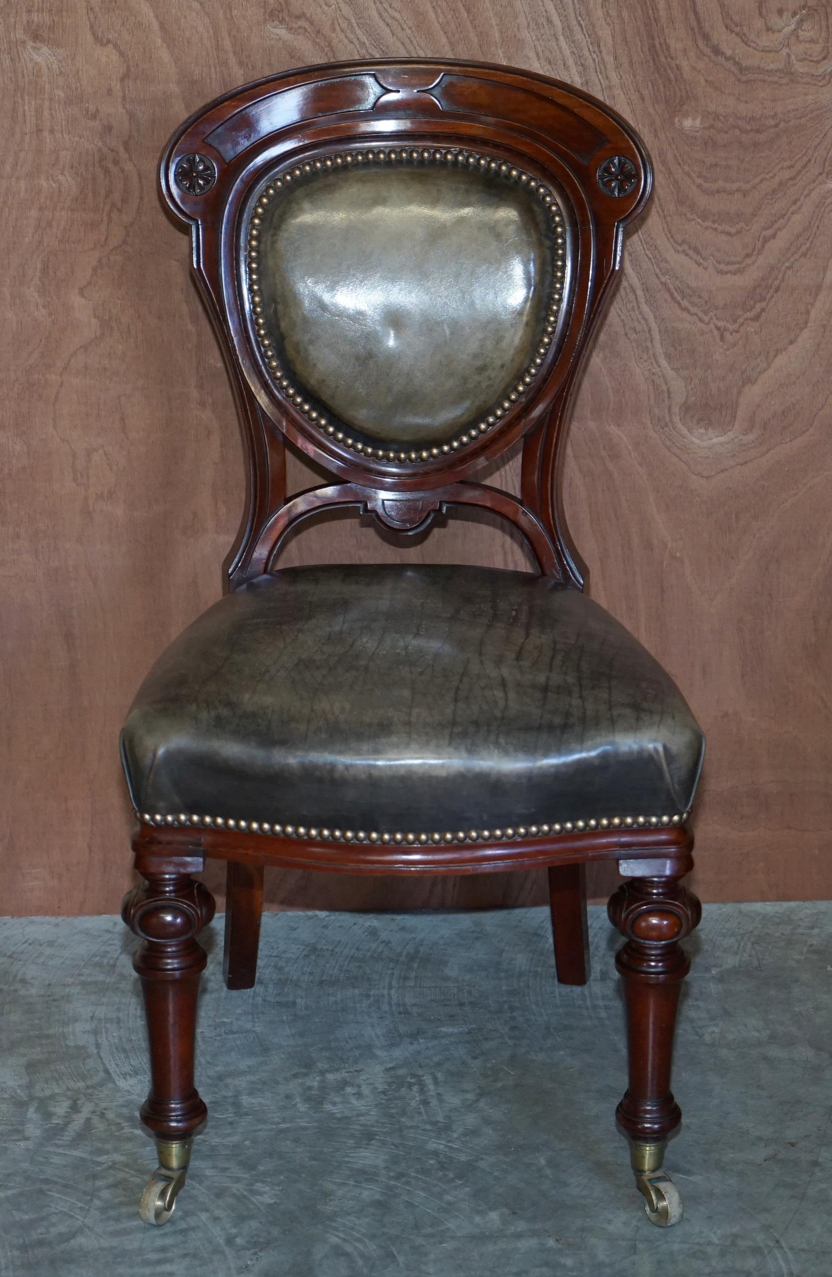English Finest Quality Victorian 1860 Hardwood & Leather Dining Chairs After Gillows