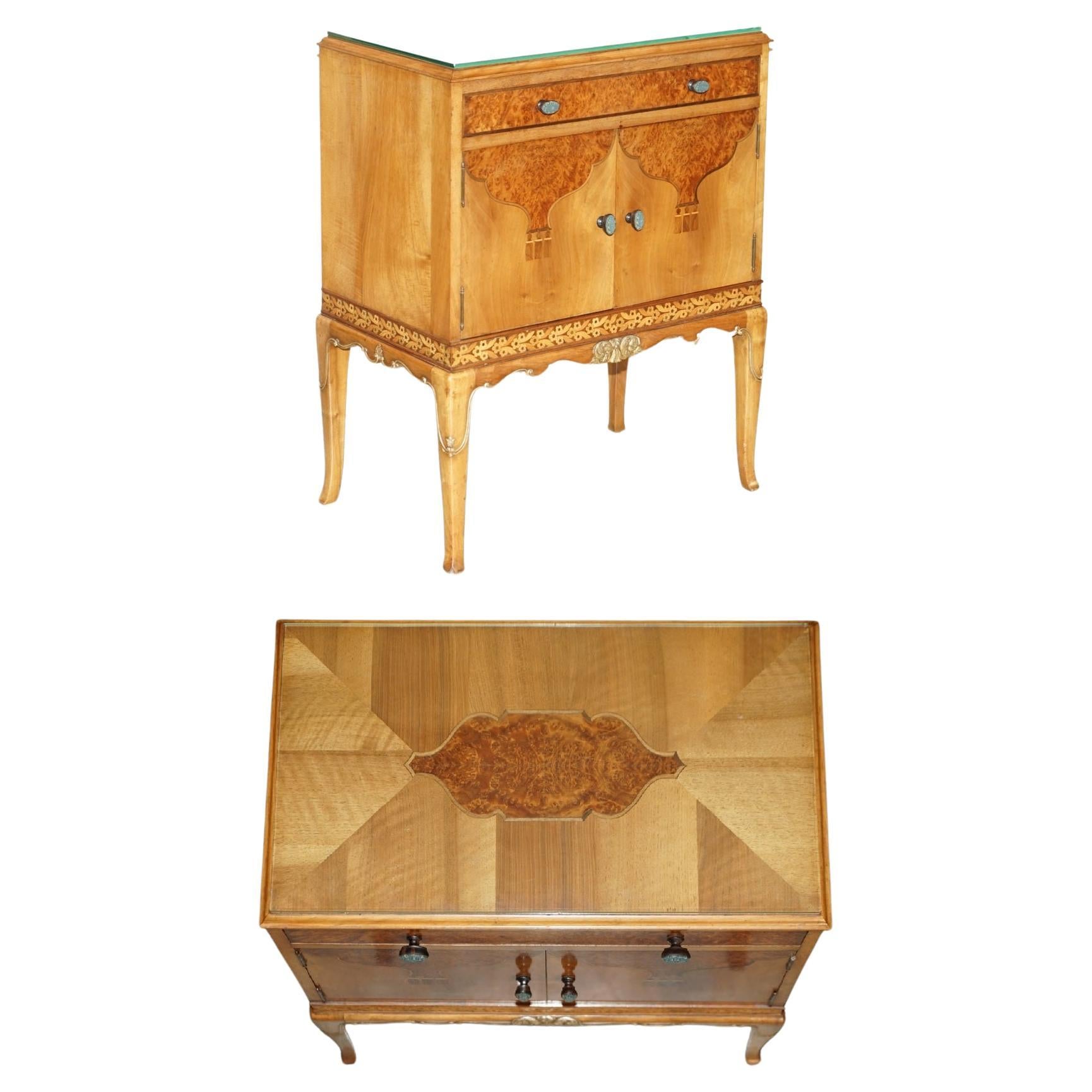 Finest Quality Waring & Gillow Burr Walnut Bedside Table Drawers Part of a Suite For Sale