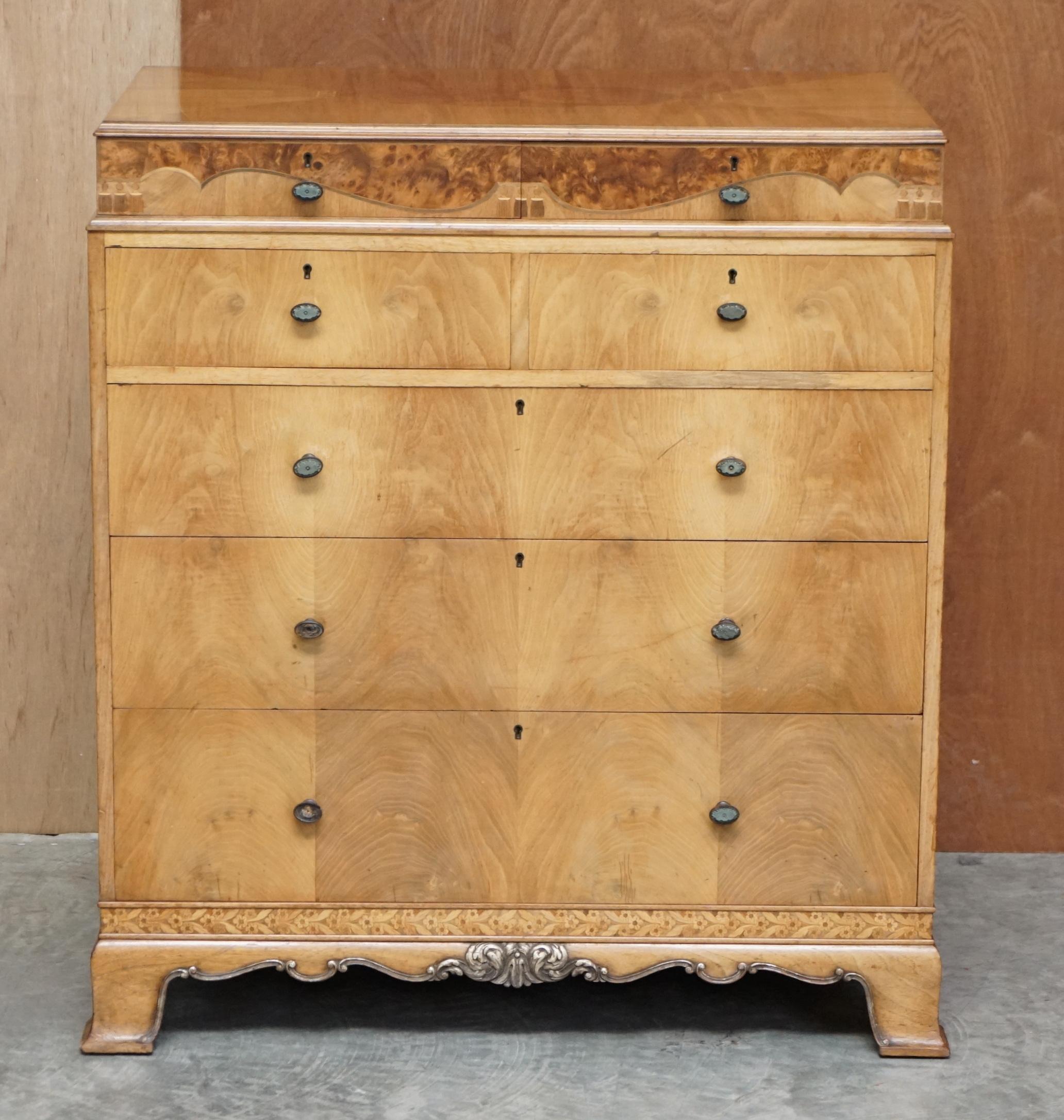 Art Deco Finest Quality Waring & Gillow Burr Walnut Chest of Drawers Part of a Suite