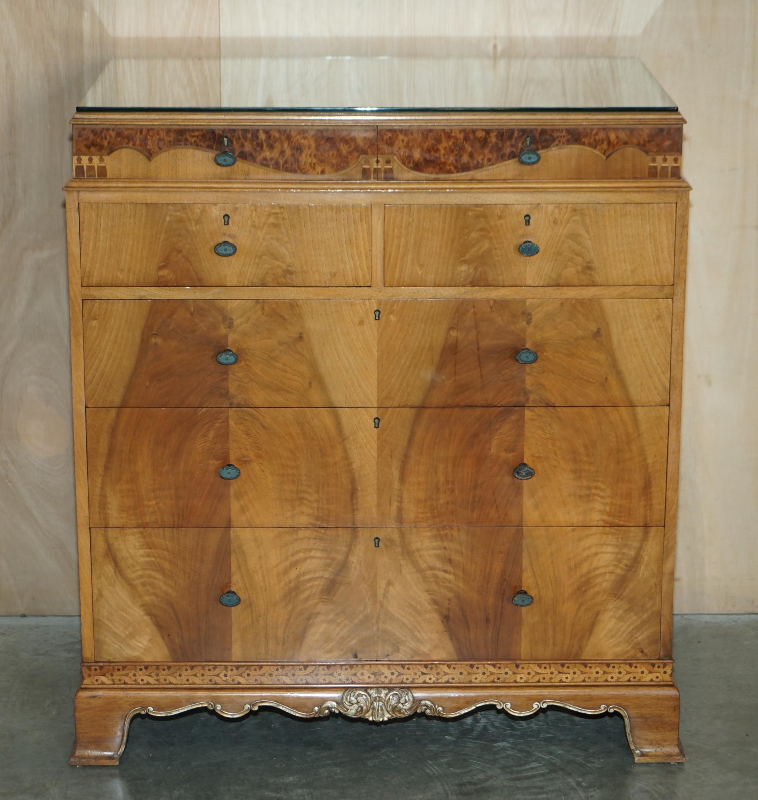 Art Deco Finest Quality Waring & Gillow Burr Walnut Chest of Drawers Part of a Suite For Sale