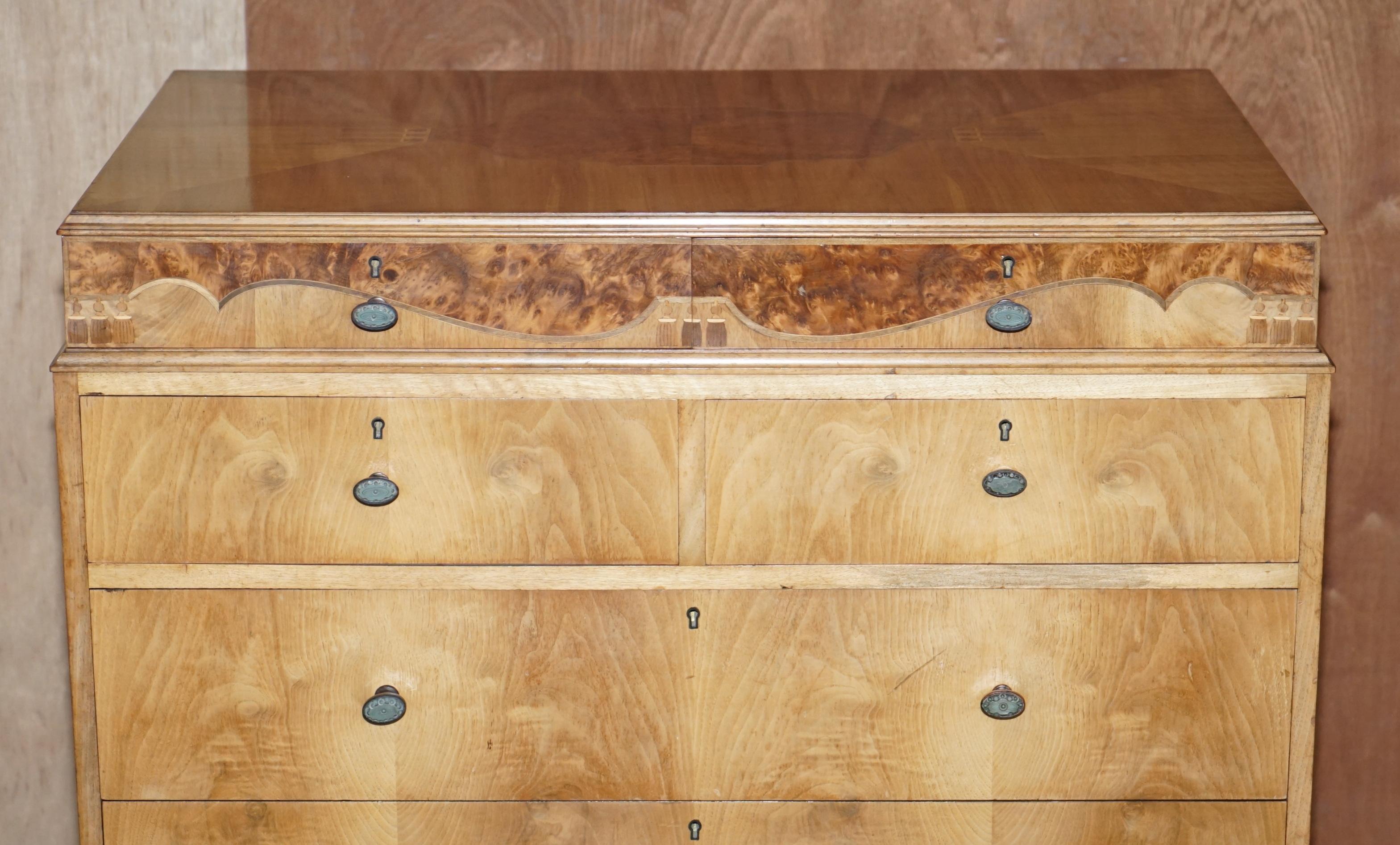 English Finest Quality Waring & Gillow Burr Walnut Chest of Drawers Part of a Suite