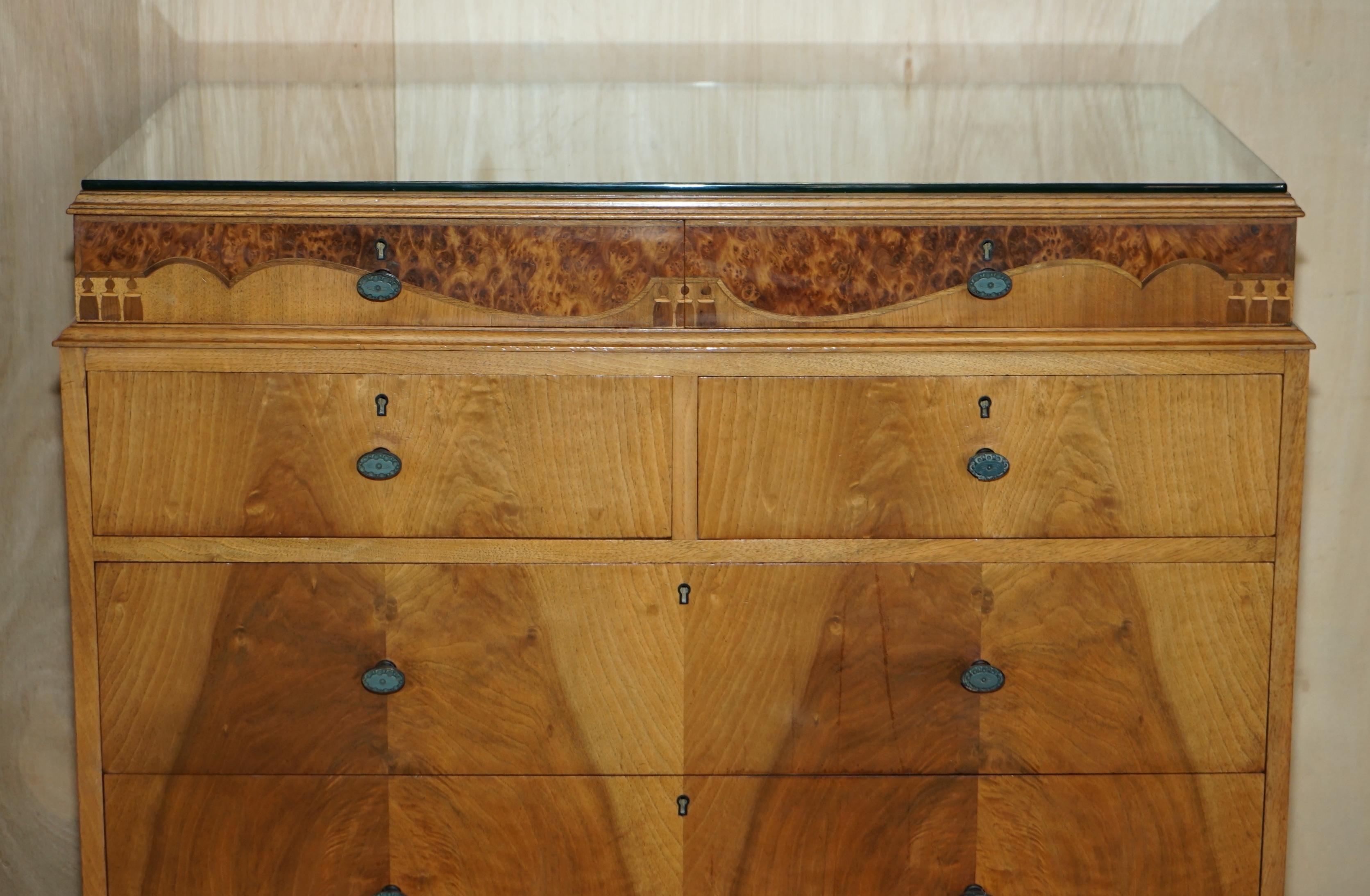 English Finest Quality Waring & Gillow Burr Walnut Chest of Drawers Part of a Suite For Sale