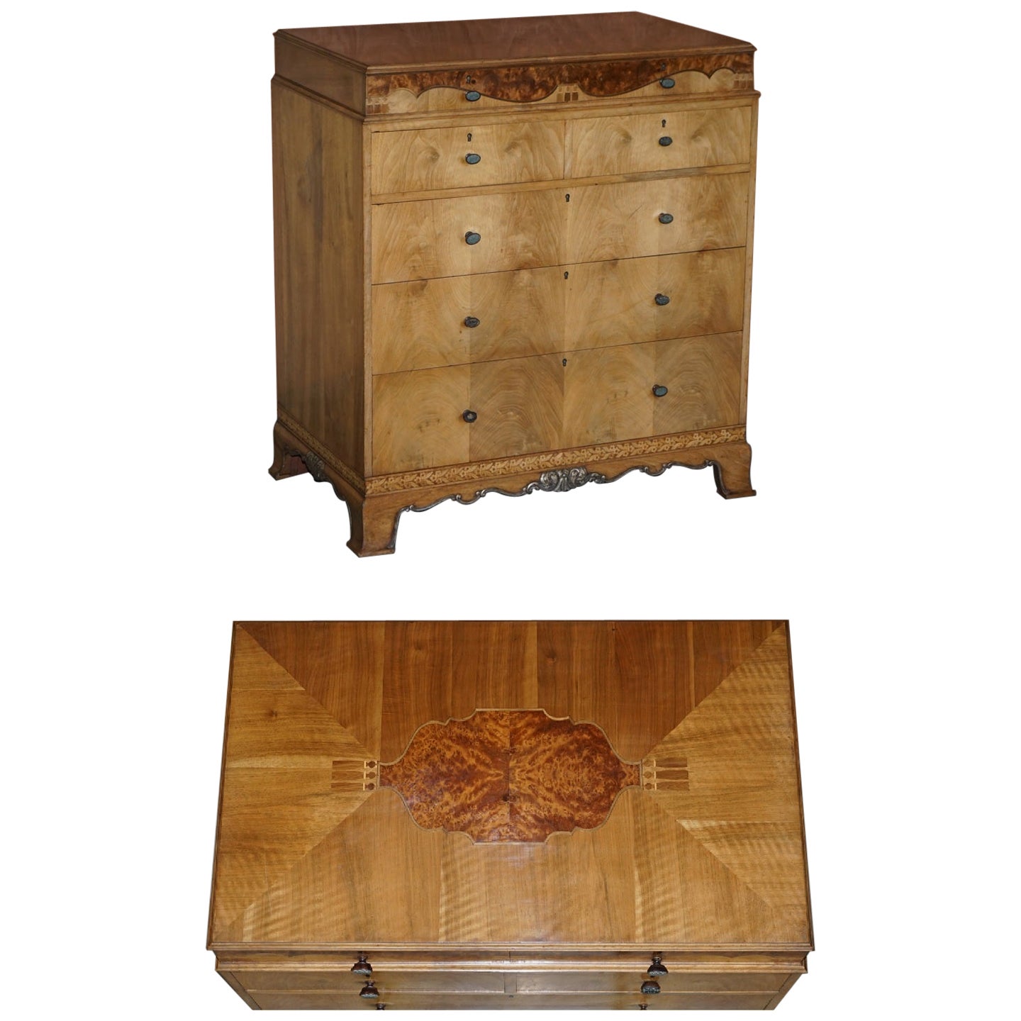 Finest Quality Waring 
Gillow Burr Walnut Chest of Drawers Part of a Suite