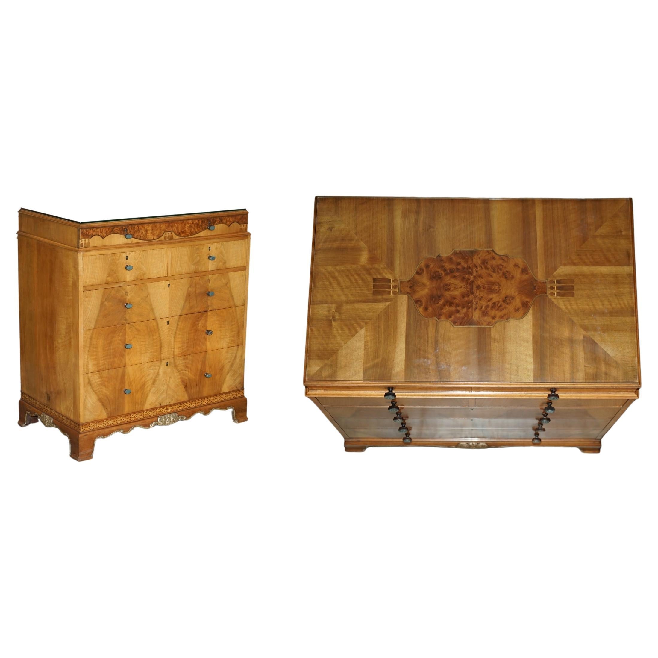 Finest Quality Waring & Gillow Burr Walnut Chest of Drawers Part of a Suite