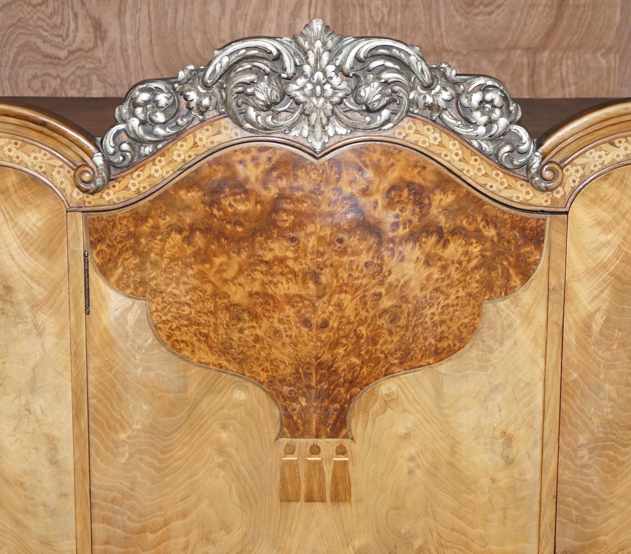 Victorian Finest Quality Waring & Gillow Burr Walnut Triple Wardobe Part of a Suite