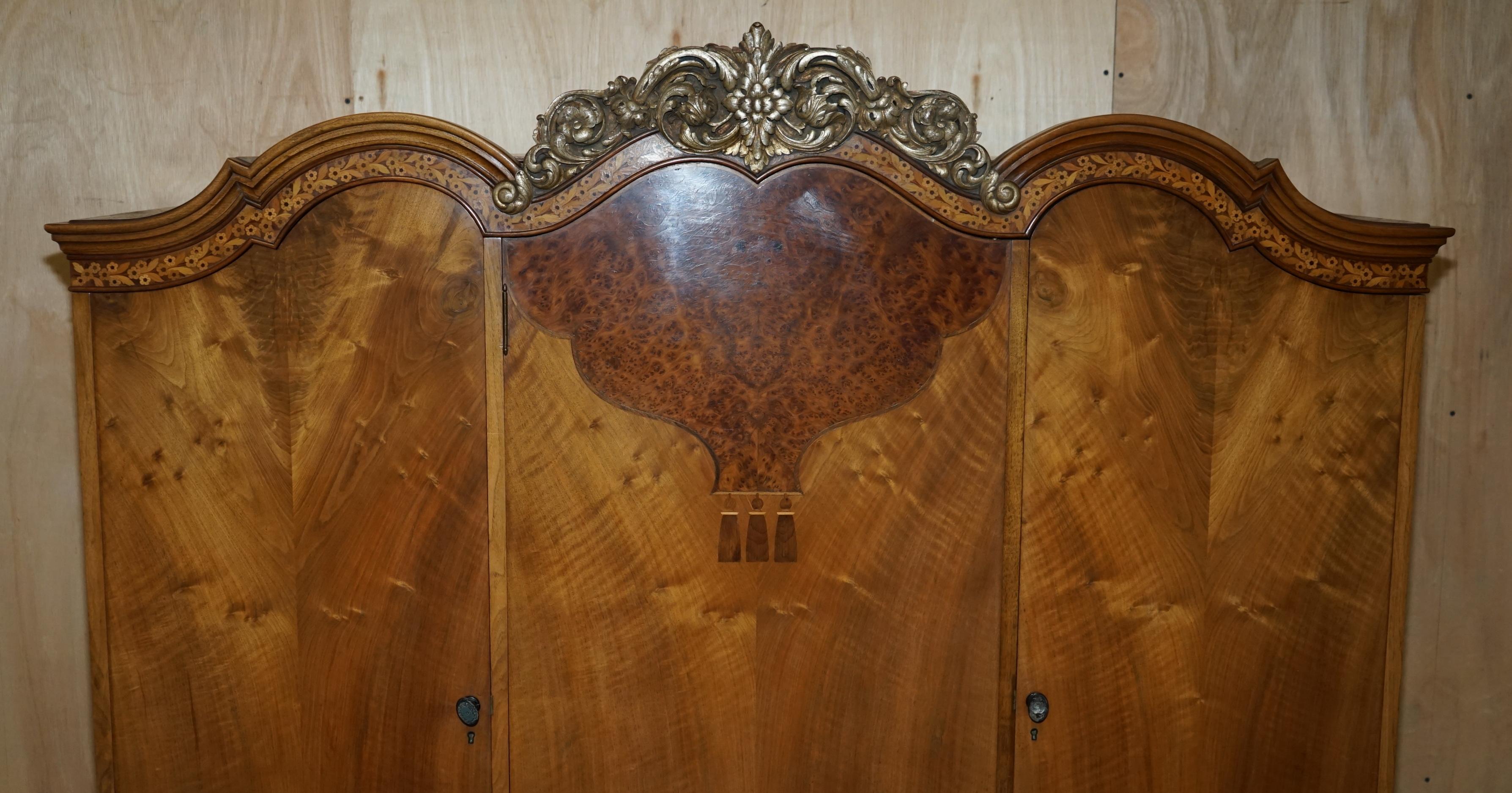 Victorian Finest Quality Waring & Gillow Burr Walnut Triple Wardrobe Part of Large Suite For Sale