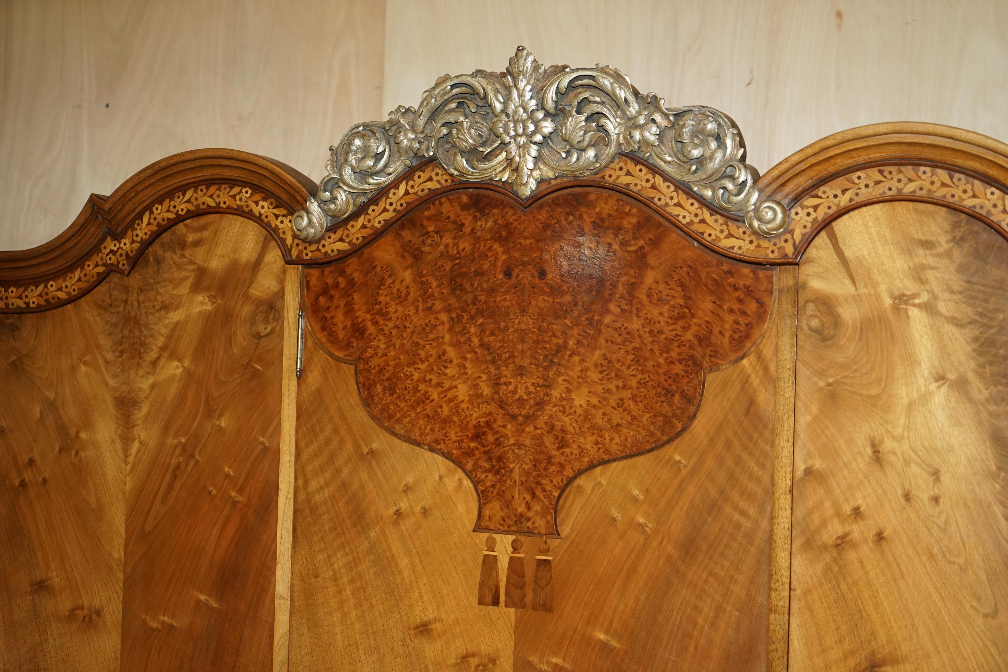 English Finest Quality Waring & Gillow Burr Walnut Triple Wardrobe Part of Large Suite For Sale