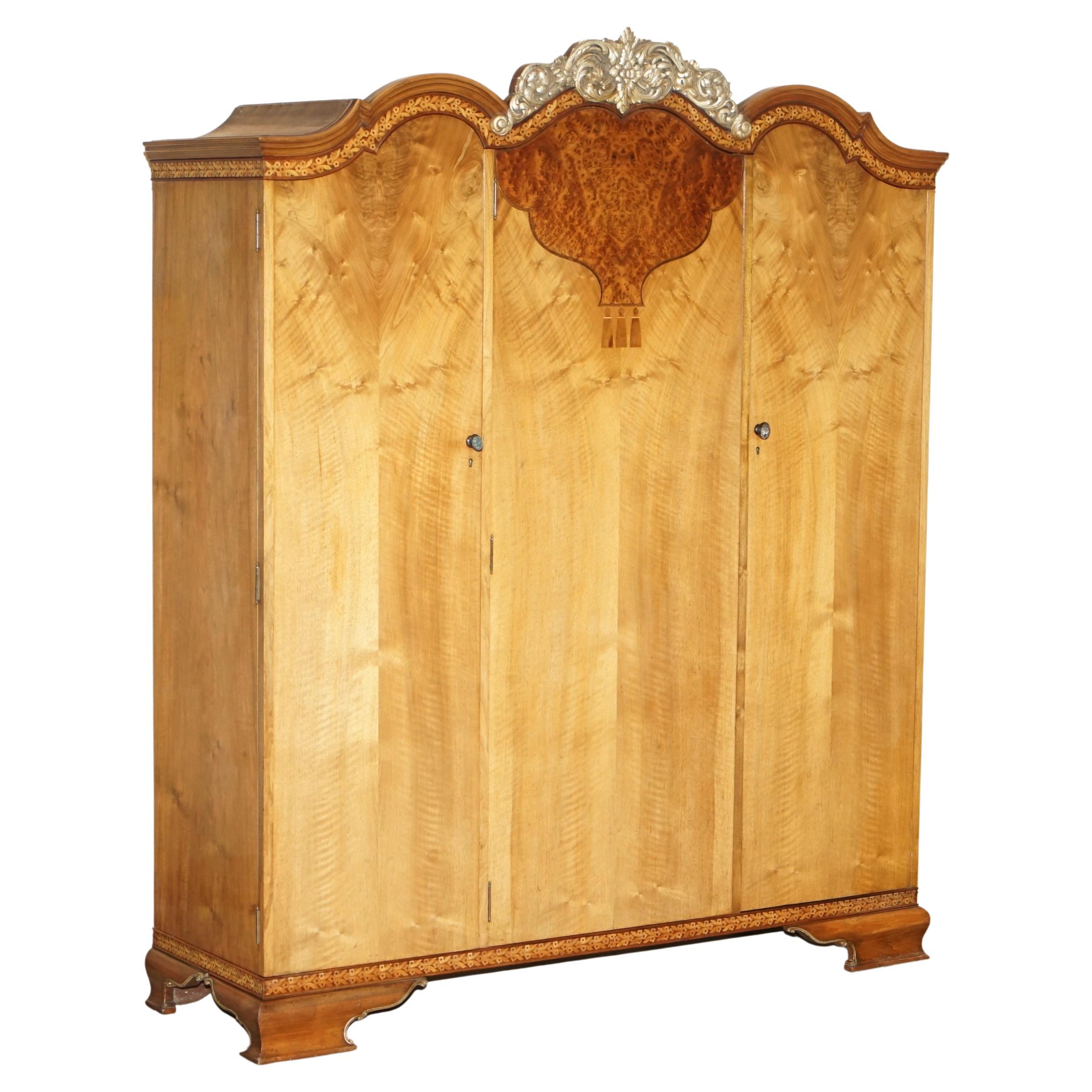 Finest Quality Waring & Gillow Burr Walnut Triple Wardrobe Part of Large Suite