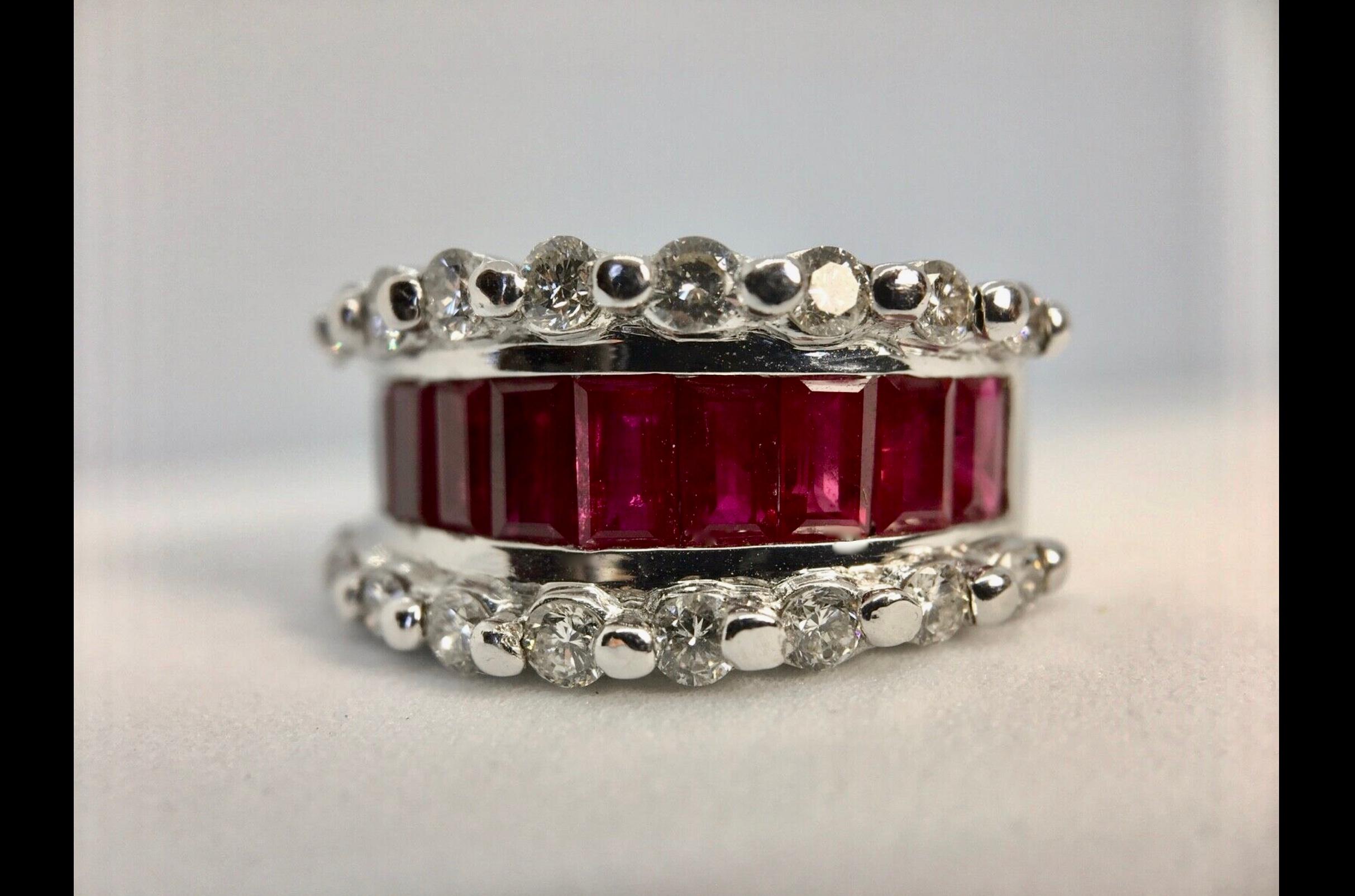 Baguette Cut Finest Ruby and Diamond Band Ring White Gold For Sale