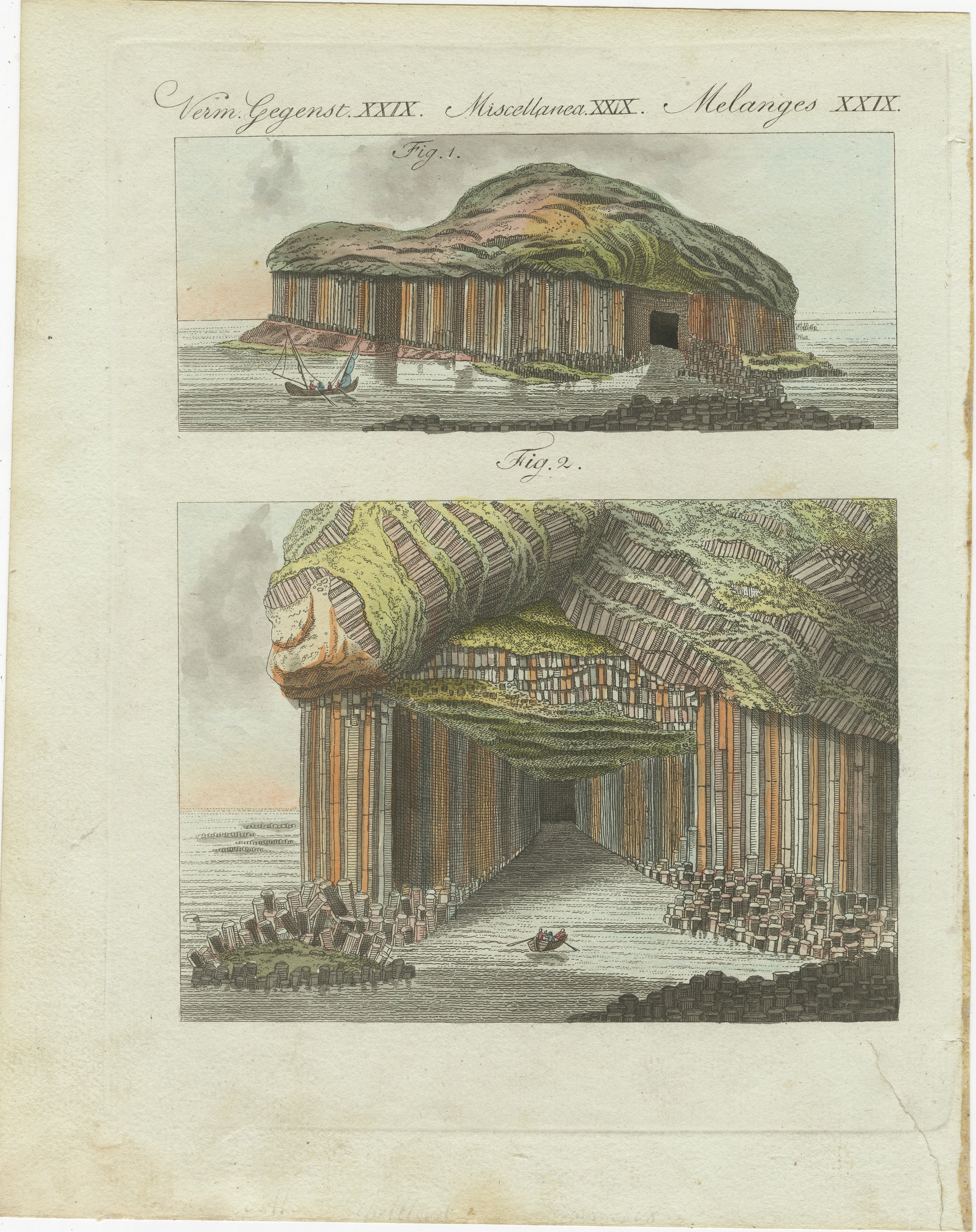 The image depicts Fingal's Cave, a famous sea cave located on the uninhabited island of Staffa, part of the Inner Hebrides in Scotland. This colored engraving is from the 
