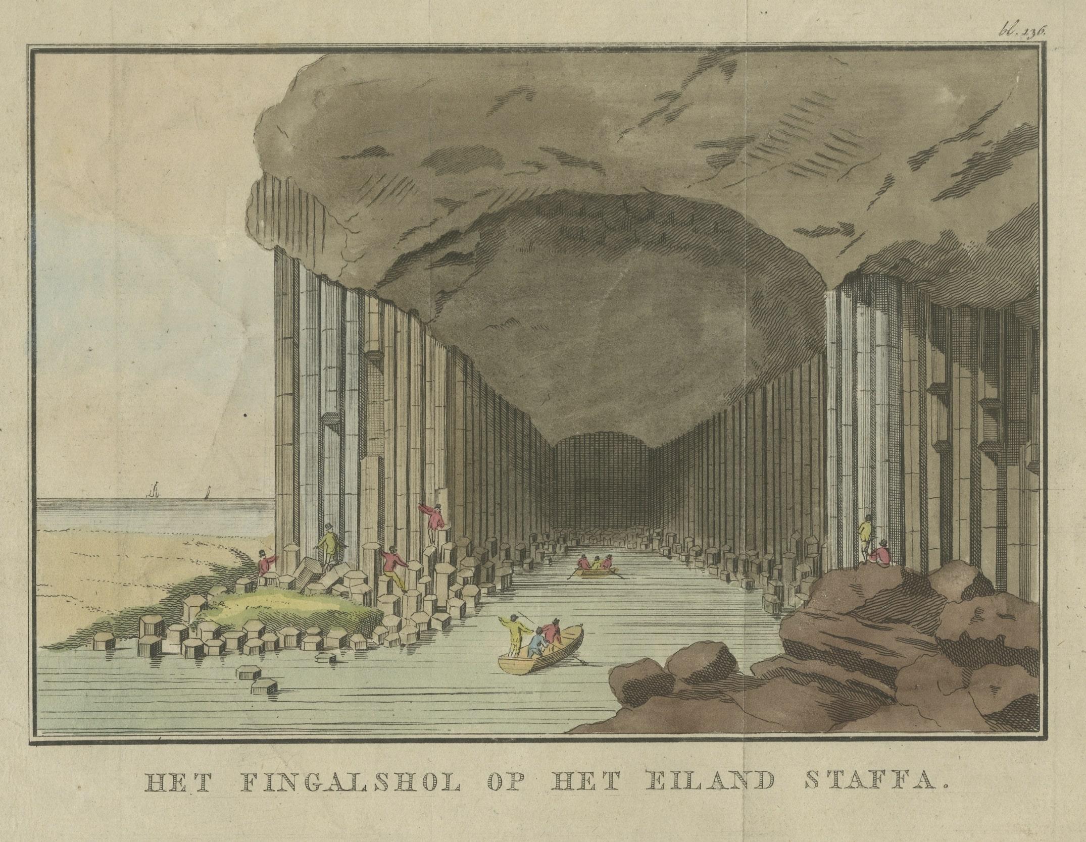 Antique print titled 'Het Fingalshol op het Eiland Staffa'. 

View of Fingal’s Cave, a natural wonder off the coast of Scotland in the Hebrides, renowned for its striking rock formations of faceted vertical pillars of basalt. This print originates