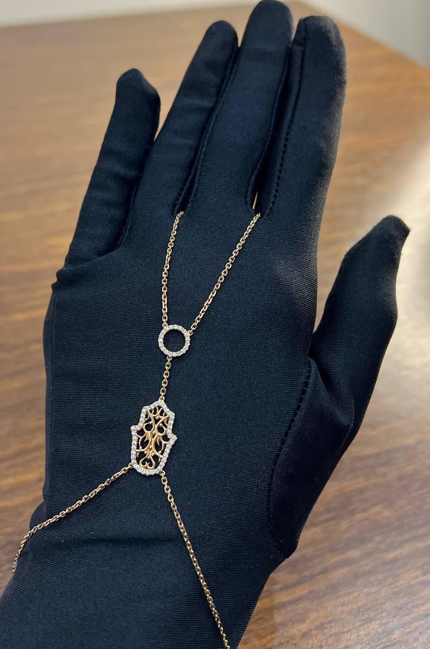 Taille brillant Finger Ring Chain Hamsa Hand Diamond Symbol 18K Rose Gold Bracelet en vente