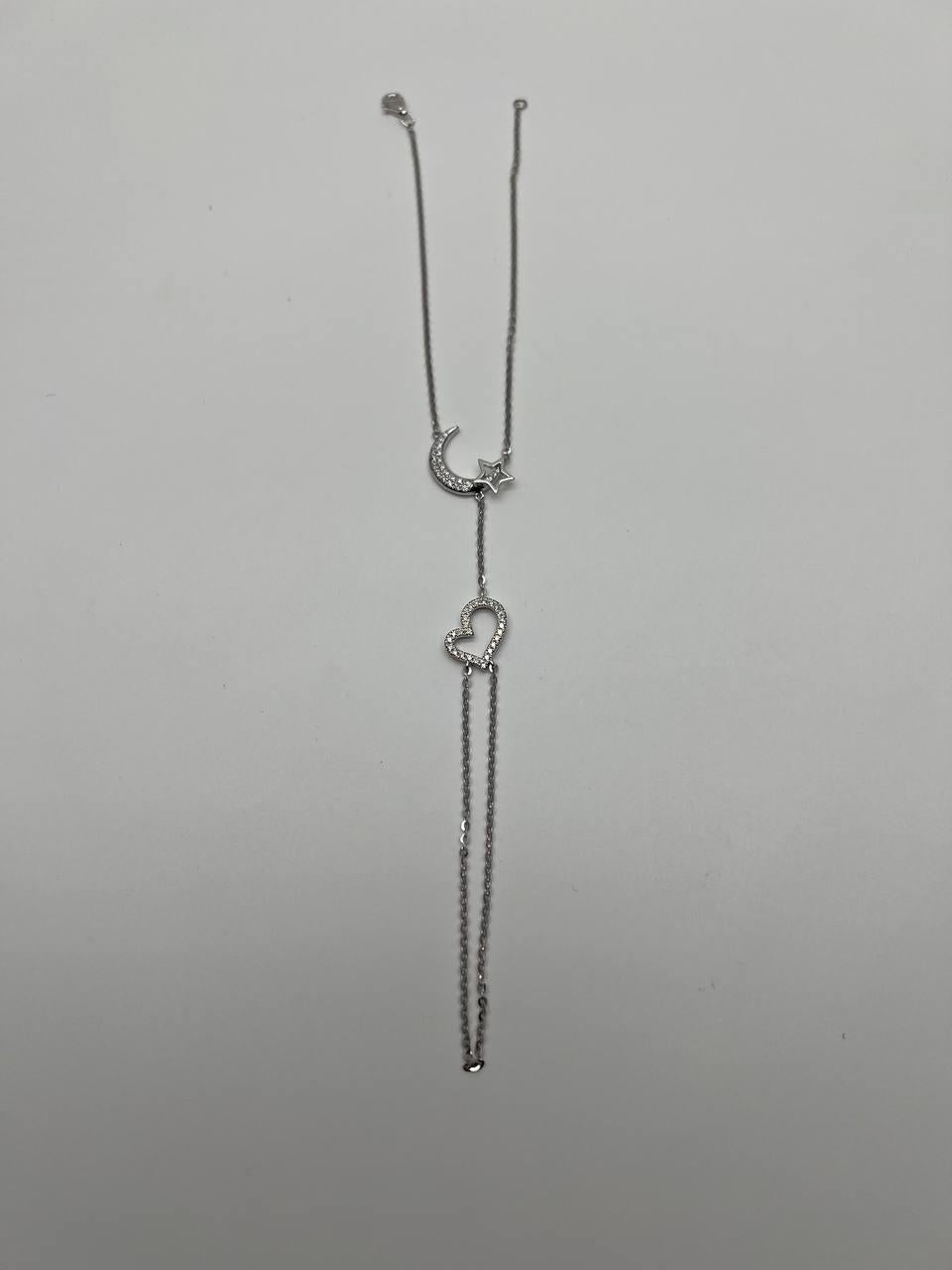 Brilliant Cut Finger Ring Chain Heart Lunar Diamond Symbol 18K White Gold Statement Bracelet For Sale
