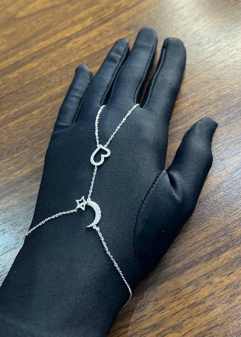 Finger Ring Chain Heart Lunar Diamond Symbol 18K White Gold Statement Bracelet For Sale 1