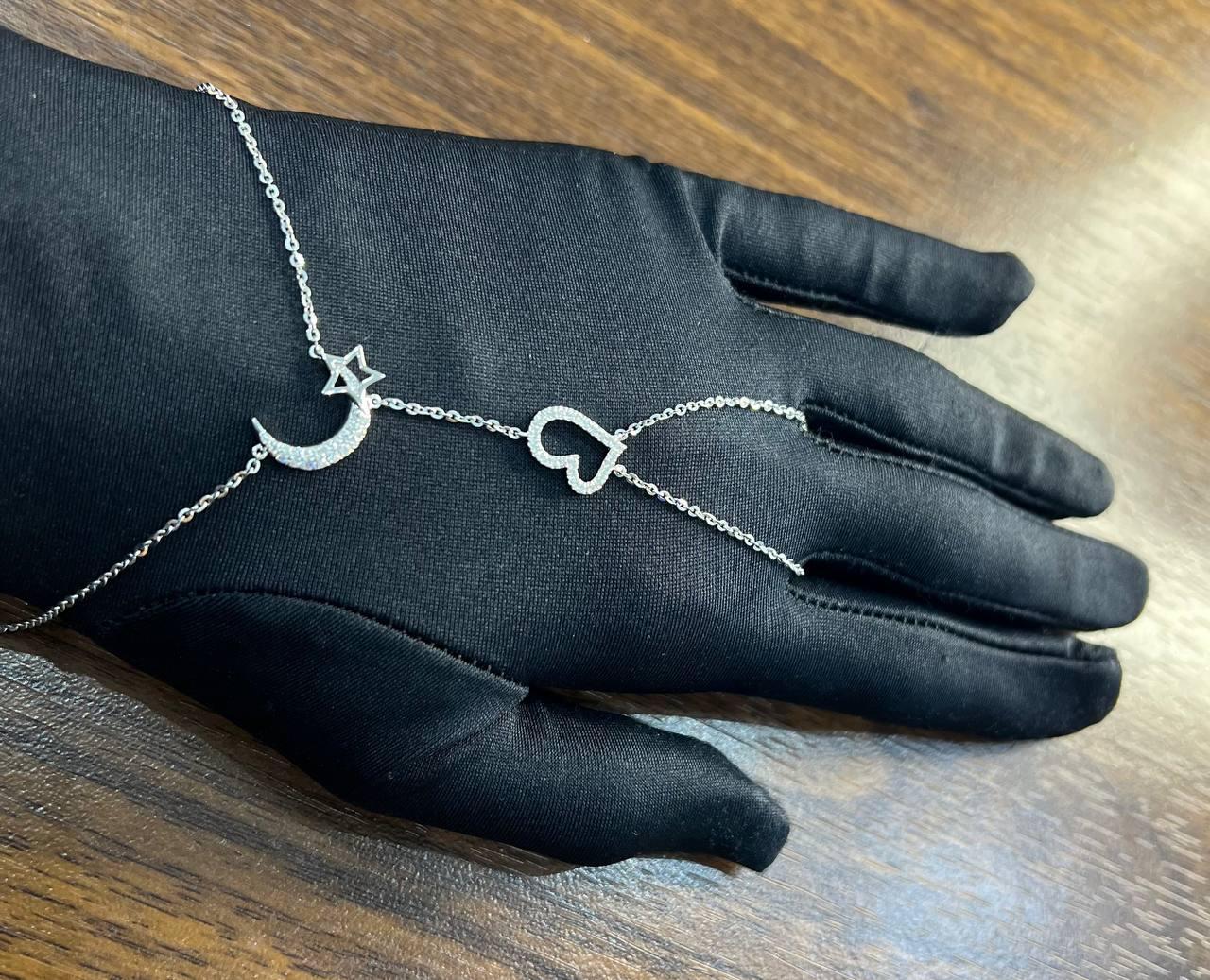 Finger Ring Chain Heart Lunar Diamond Symbol 18K White Gold Statement Bracelet For Sale 2