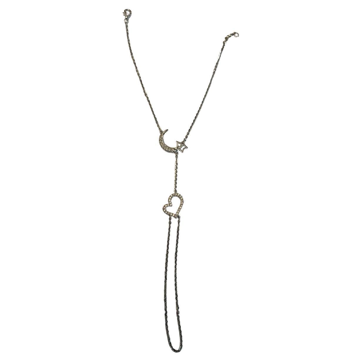 Finger Ring Chain Heart Lunar Diamond Symbol 18K White Gold Statement Bracelet For Sale