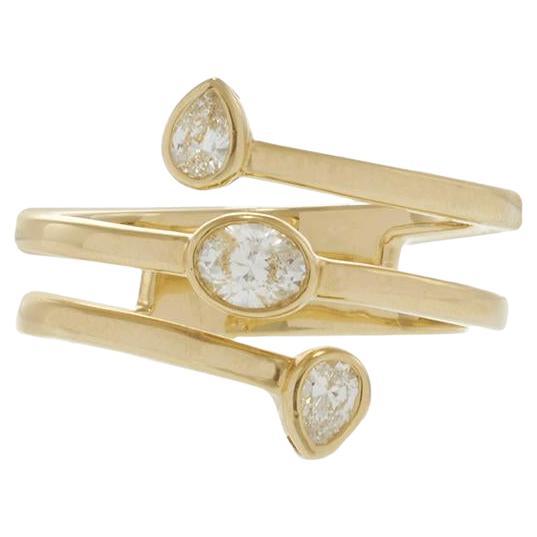 Bague de doigt avec diamants ovales et en forme de poire en or jaune 14K
