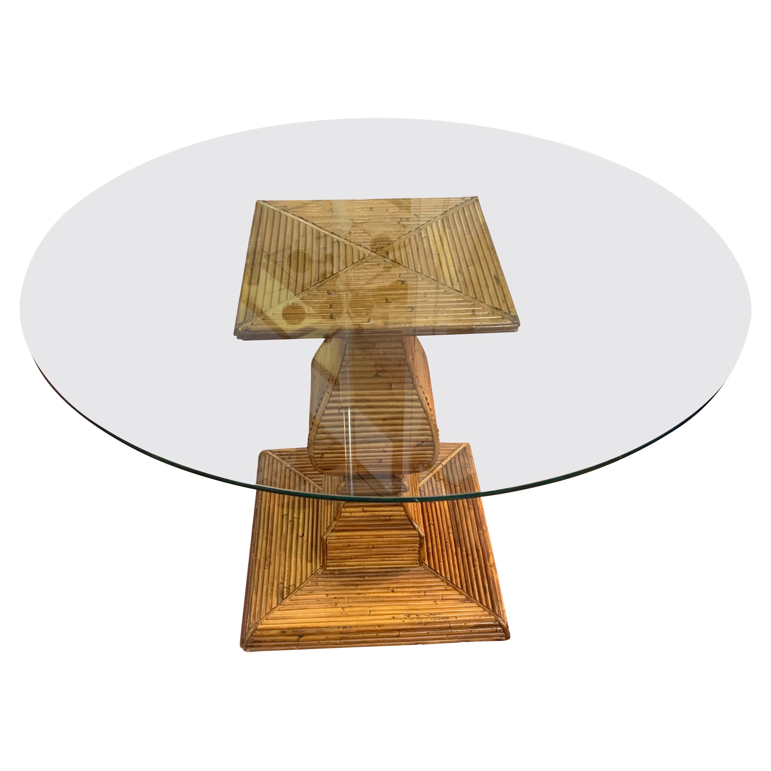Finial Shaped Bamboo Base Round Glass Top Dining Table, Italy, 1970s