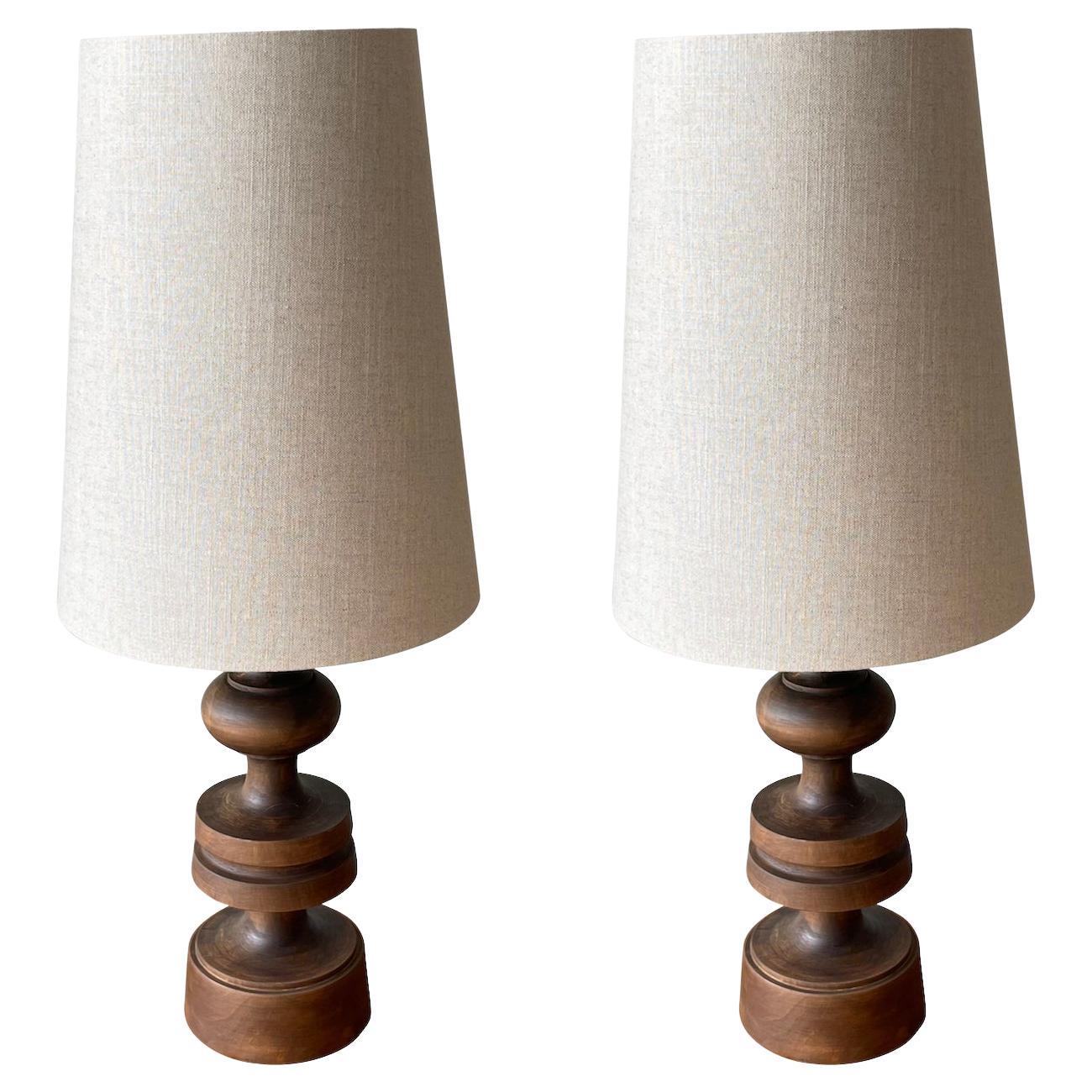 Finial Shaped Oak Wood Pair Table Lamps, Spain, 1960s