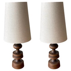 Vintage Finial Shaped Oak Wood Pair Table Lamps, Spain, 1960s