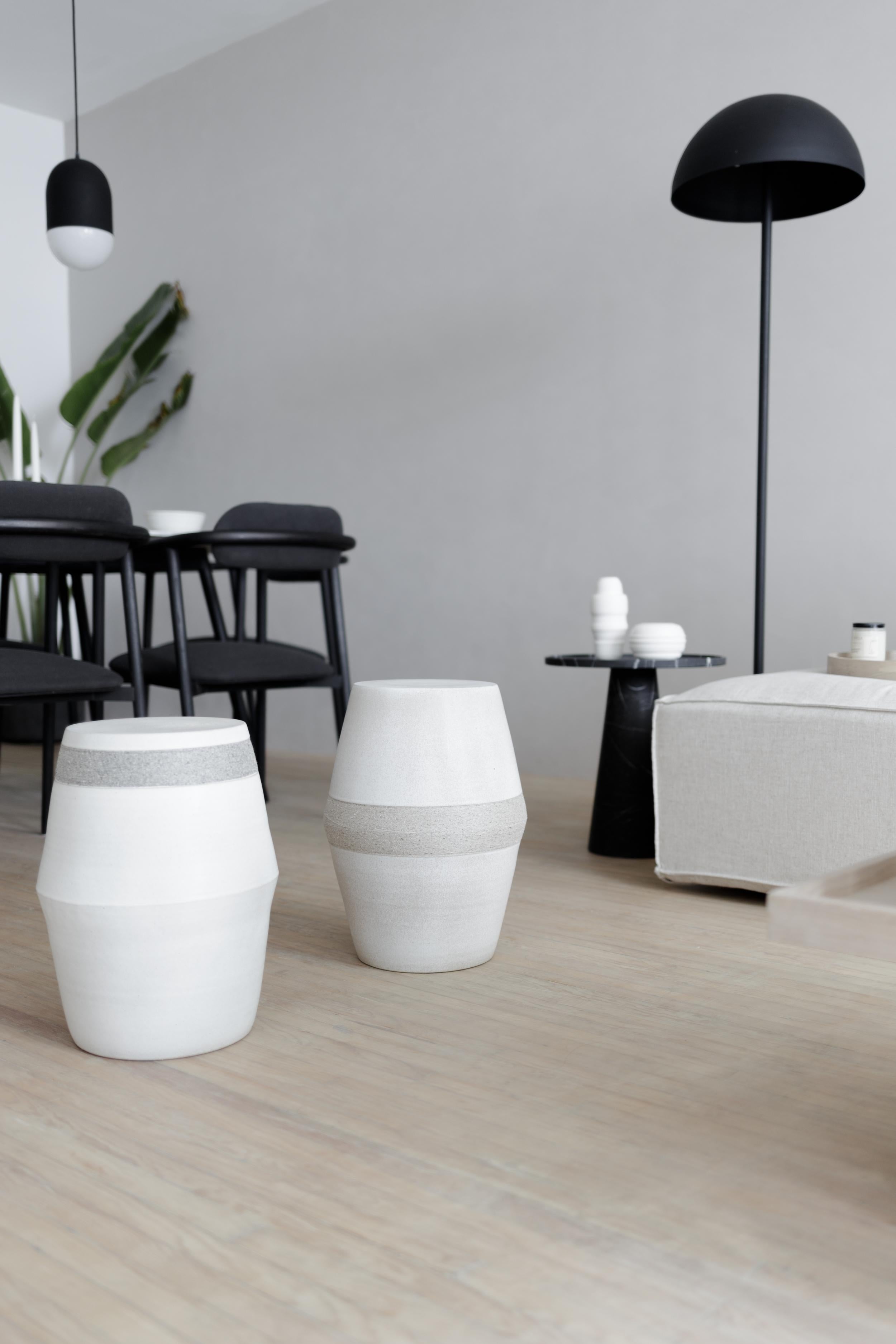 Handmade ceramic stool with matte white enamel and silk thread details.  Production time: 6-8 weeks for items without marble / 13-14 weeks for marble pieces. Shipping +10 additional business days. Casa Quieta uses natural materials such as woods,