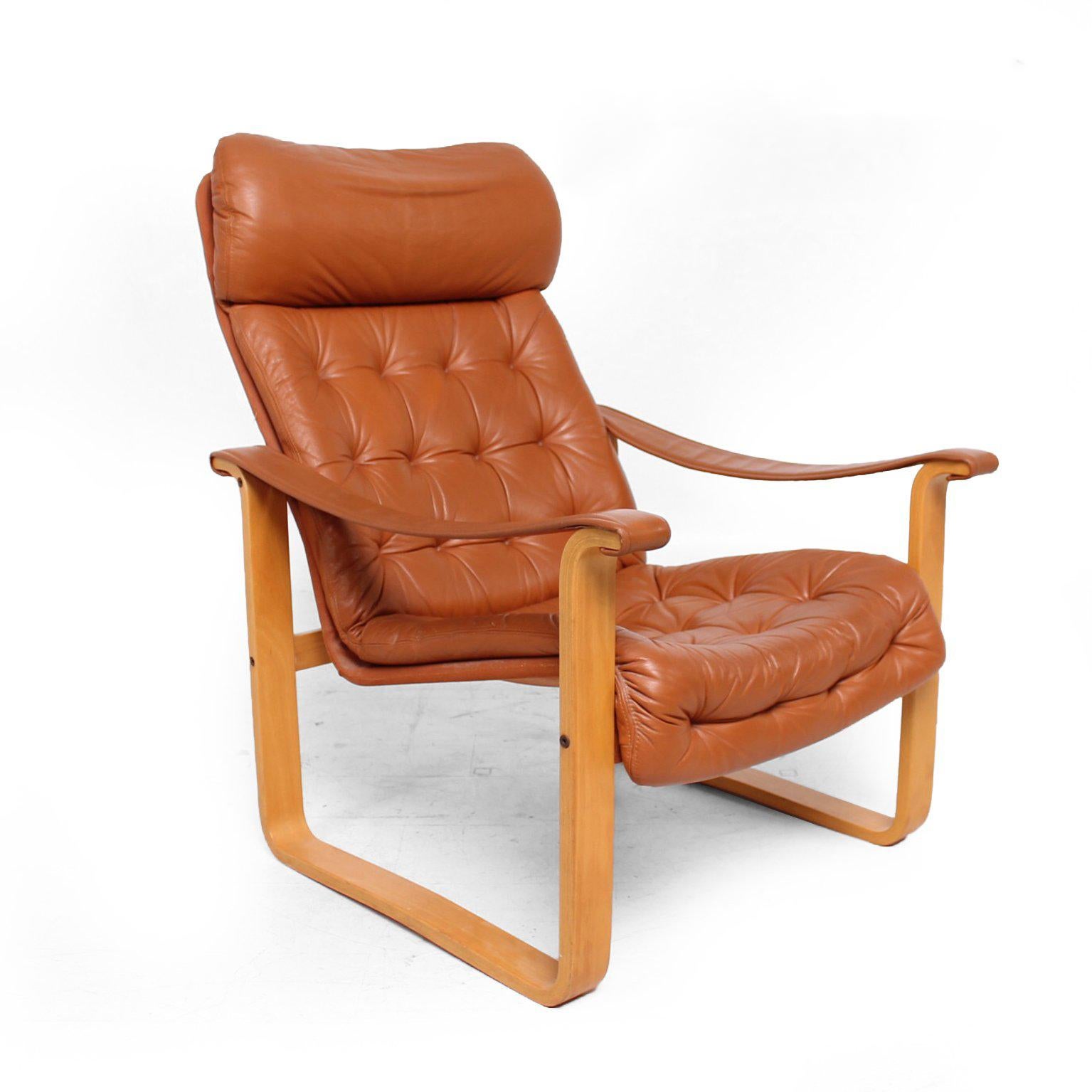 Scandinavian Modern Finland Leather Armchair, Mid-Century Modern OY BJ. Dahlqvist AB, High Back