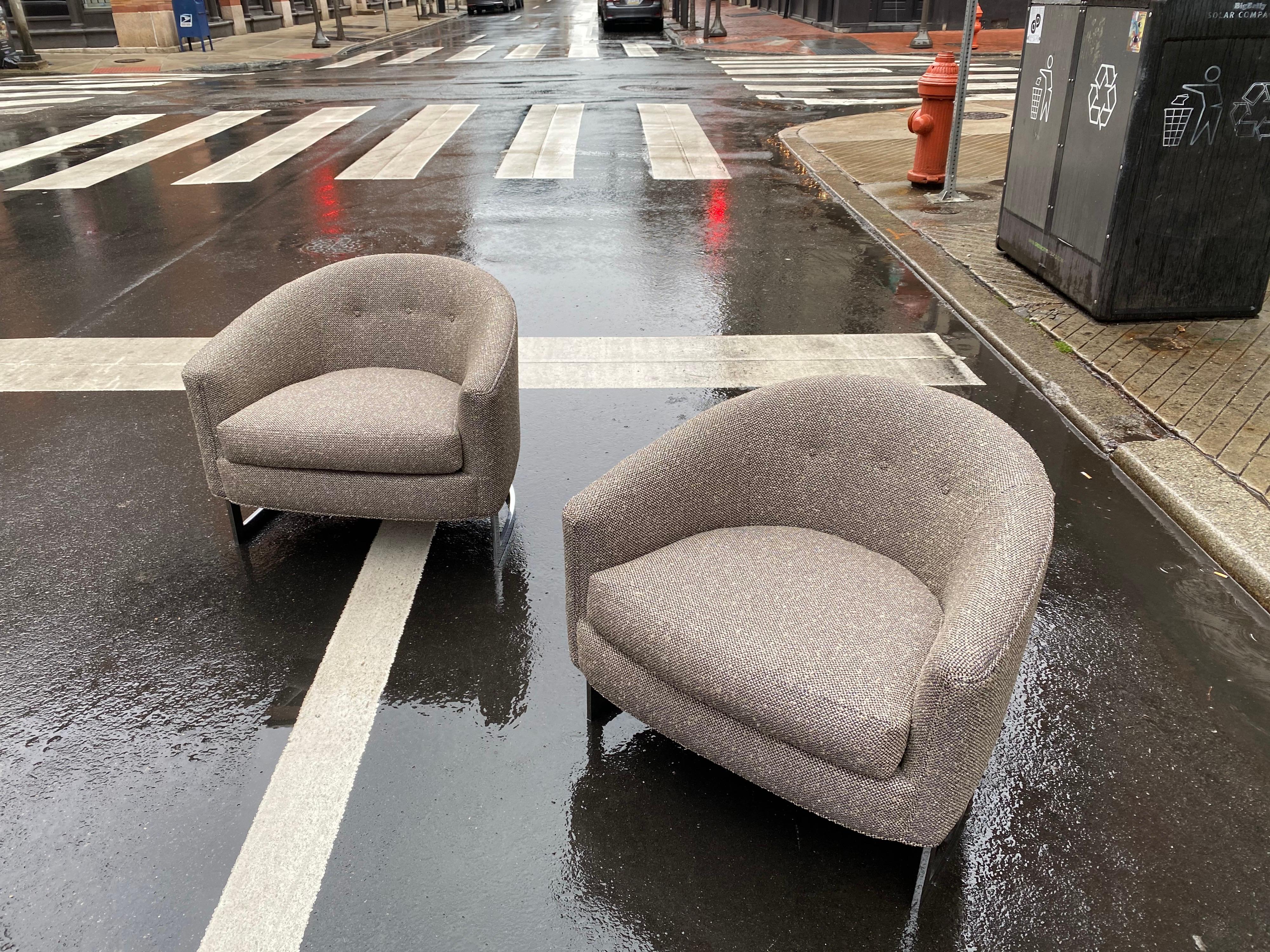 Finn Andersen for Selig Barrel chairs with flat band chrome bases. Newly reupholstered and ready to go! Great scale and size! Only 25