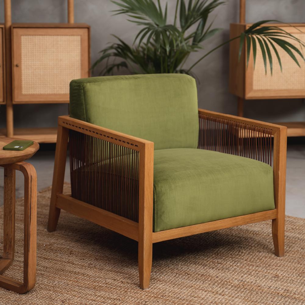 Turc Fauteuil Finn vert, bois d'Oak Oak massif, cordon de cuir, tissu de velours, cousu main en vente