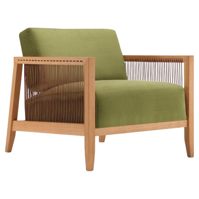 Finn Armchair Green, Solid Oak Wood, Leather Cord, Velvet Facric, Hand-Crated