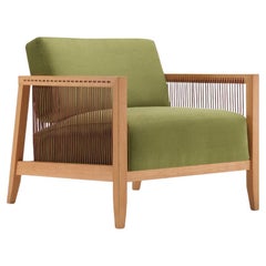 Finn Armchair Green, Solid Oak Wood, Leather Cord, Velvet Facric, Hand-Crated
