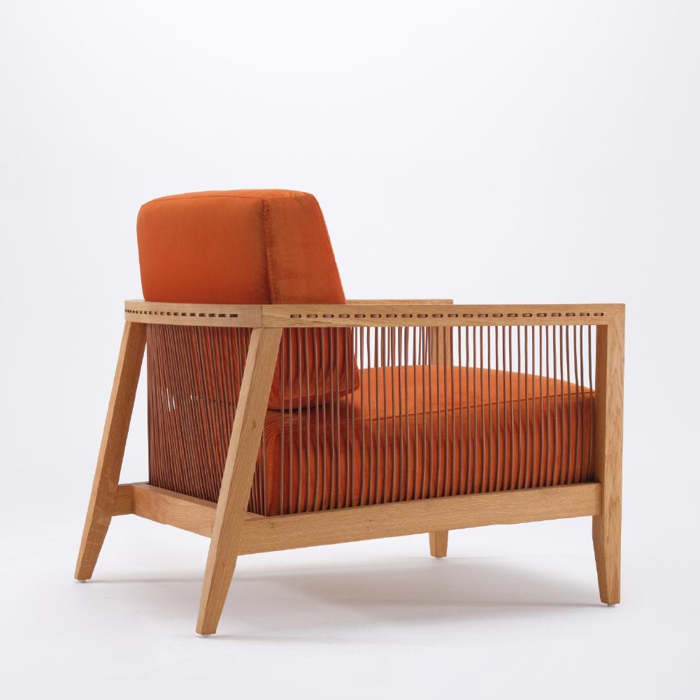 Scandinavian Modern Finn Armchair Orange, Solid Oak Wood, Leather Cord, Velvet Facric, Hand-Crated For Sale