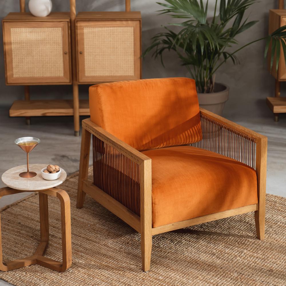Turkish Finn Armchair Orange, Solid Oak Wood, Leather Cord, Velvet Facric, Hand-Crated For Sale