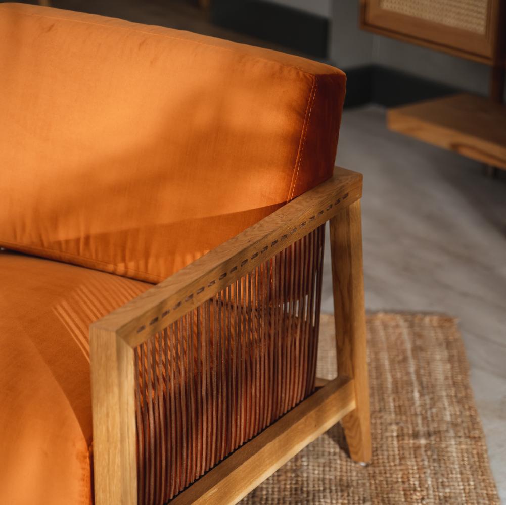 Hand-Crafted Finn Armchair Orange, Solid Oak Wood, Leather Cord, Velvet Facric, Hand-Crated For Sale