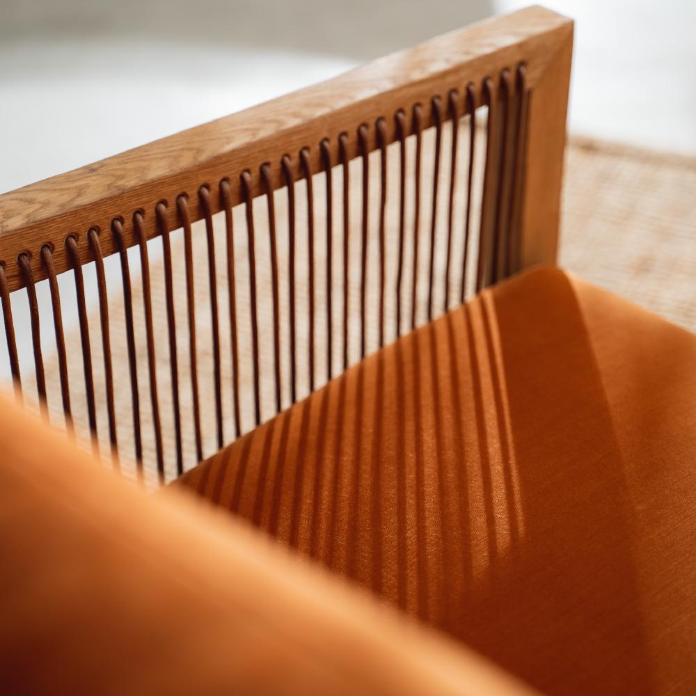 Finn Armchair Orange, Solid Oak Wood, Leather Cord, Velvet Facric, Hand-Crated In New Condition For Sale In Ankara, TR