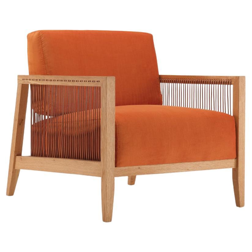 Finn Armchair Orange, Solid Oak Wood, Leather Cord, Velvet Facric, Hand-Crated