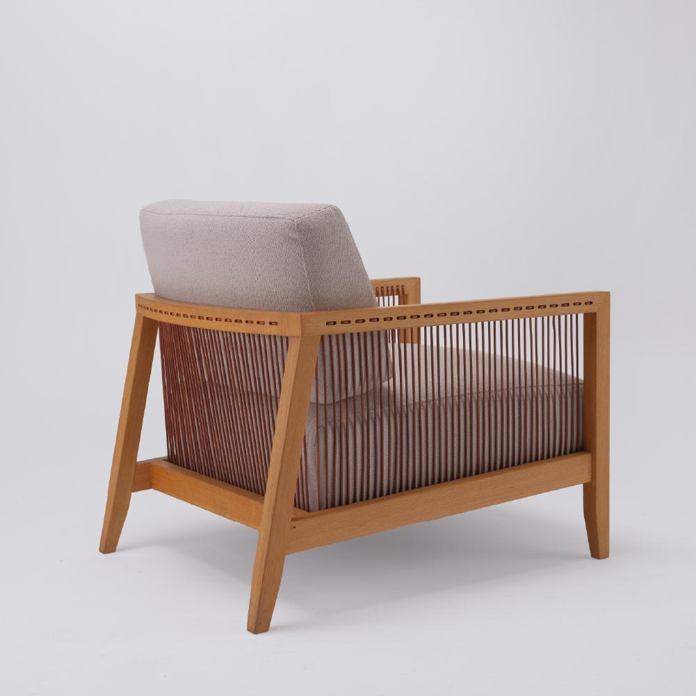 Scandinavian Modern Finn Armchair White, Solid Oak Wood, Leather Cord, Velvet Fabric, Hand-Crated For Sale