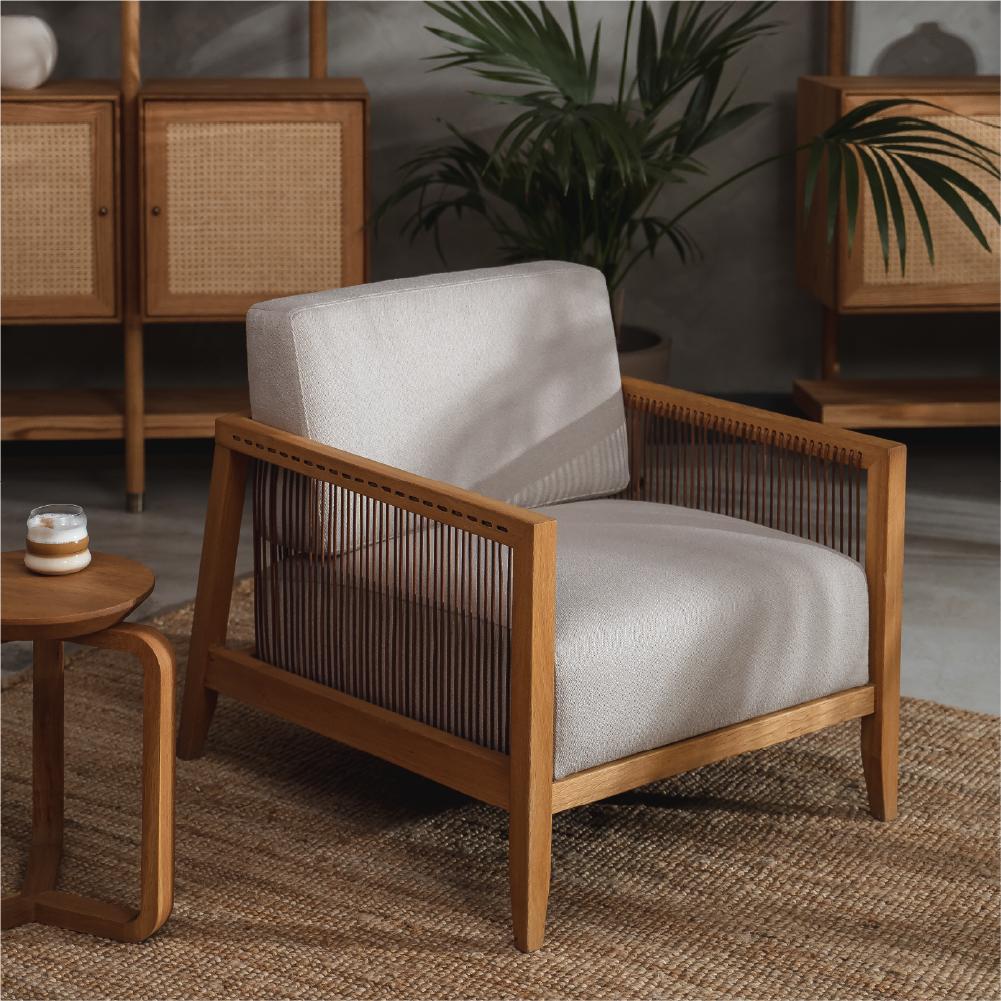 Turkish Finn Armchair White, Solid Oak Wood, Leather Cord, Velvet Fabric, Hand-Crated For Sale
