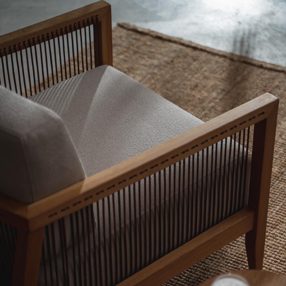 Hand-Carved Finn Armchair White, Solid Oak Wood, Leather Cord, Velvet Fabric, Hand-Crated For Sale